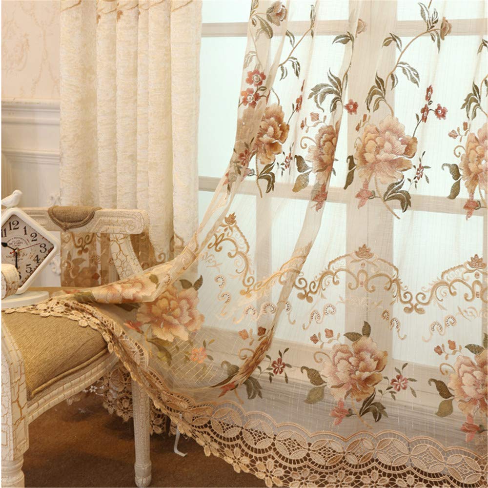 WPKIRA 1 Panel European Embroidered Floral Sheer Curtain Rod Pocket Top