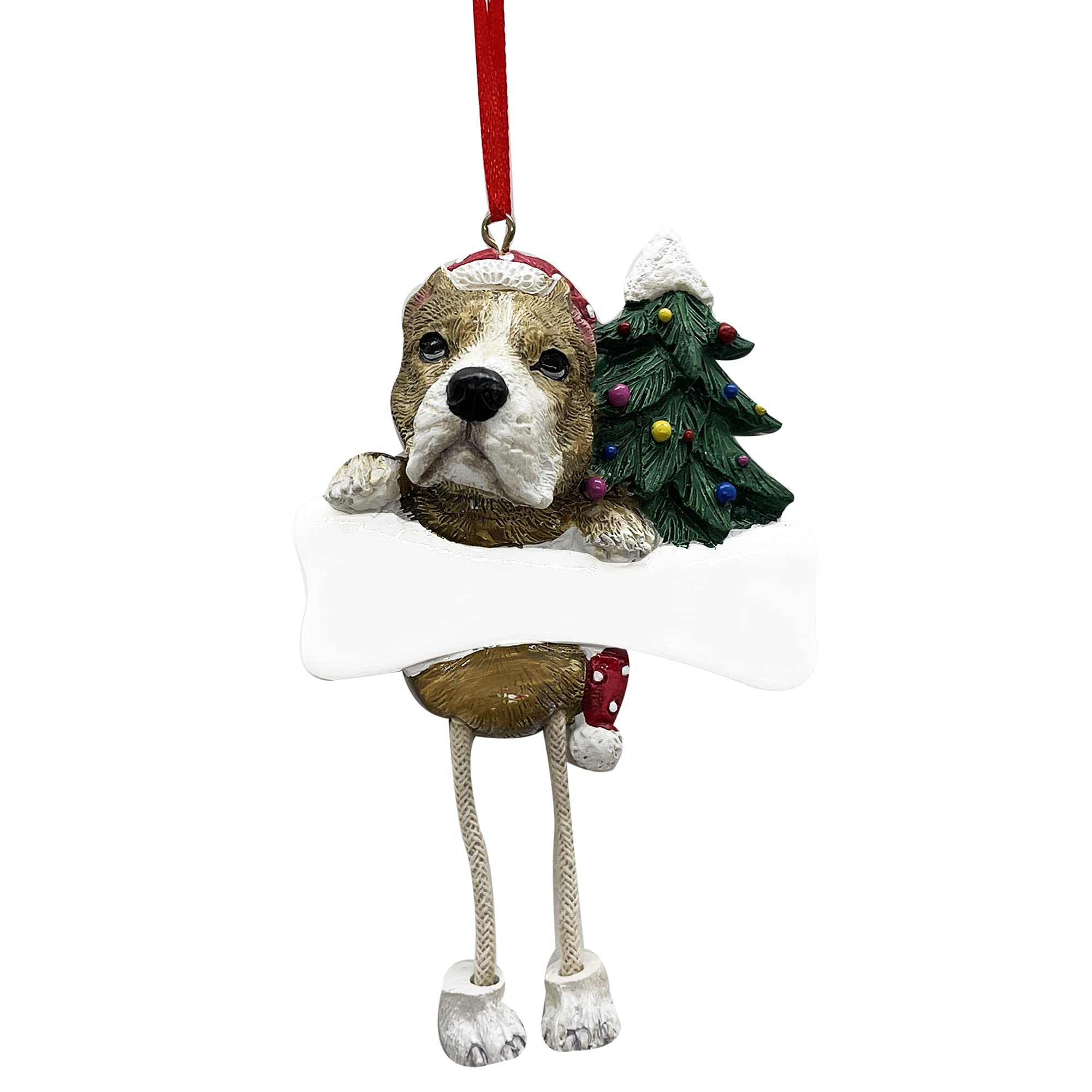 Pit Bull Ornament Tan and White with Unique Dangling Legs Hand Painted and Easily Personalized Christmas Ornament