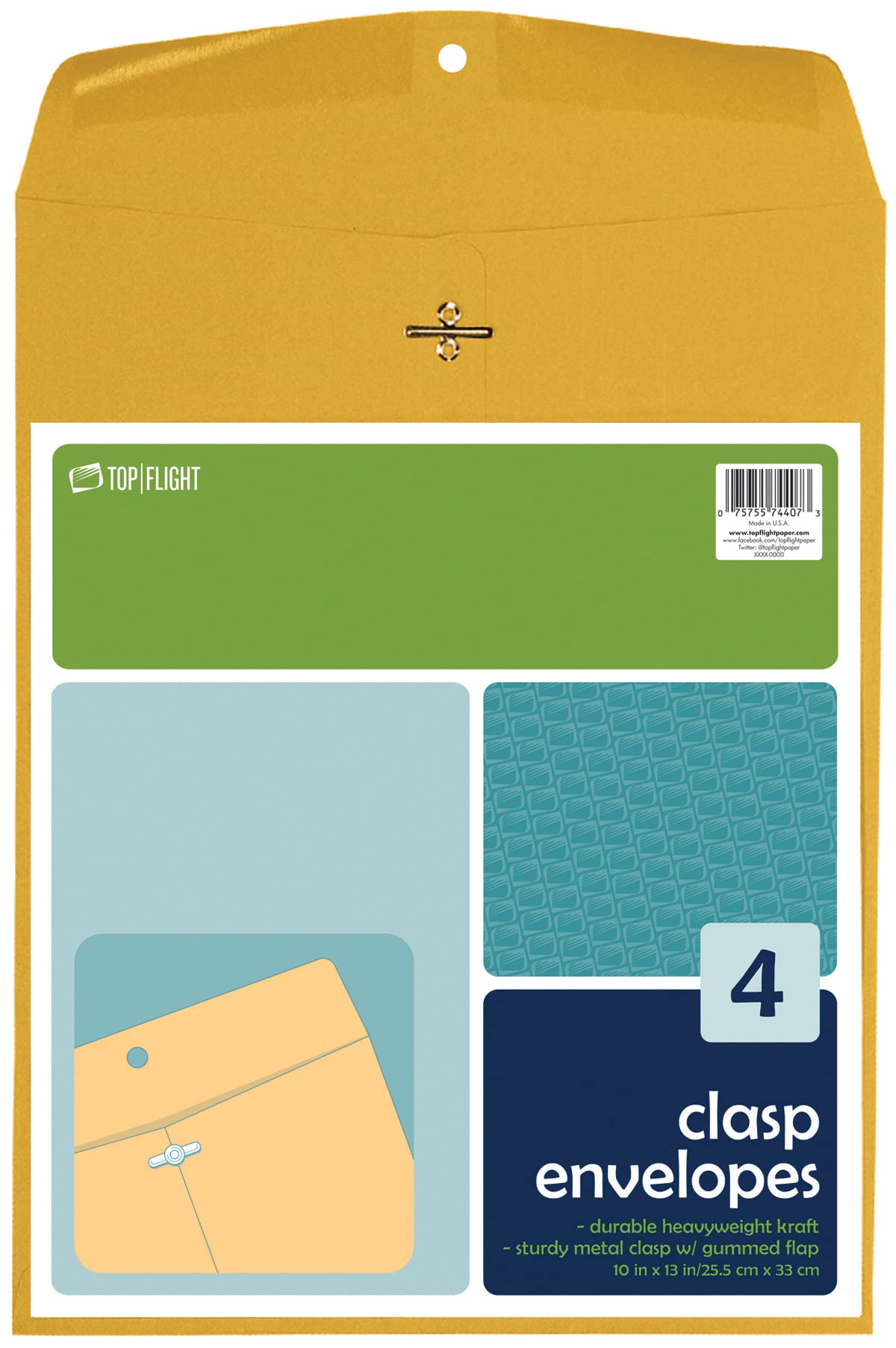 Top Flight Clasp Envelopes, Gummed And Clasped Closure, 10 X 13 Inches, Brown Kraft, 4 Envelopes Per Pack (6911021)