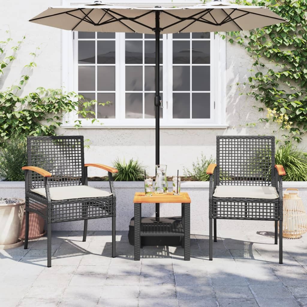 vidaXL Outdoor Bistro Set 3 Piece with Cushions - Poly Rattan & Acacia Wood - Patio/Garden Furniture - Black/Brown - 15.7"x15.7"x16.5" Table - 21.3"x22.4"x33.5" Chair