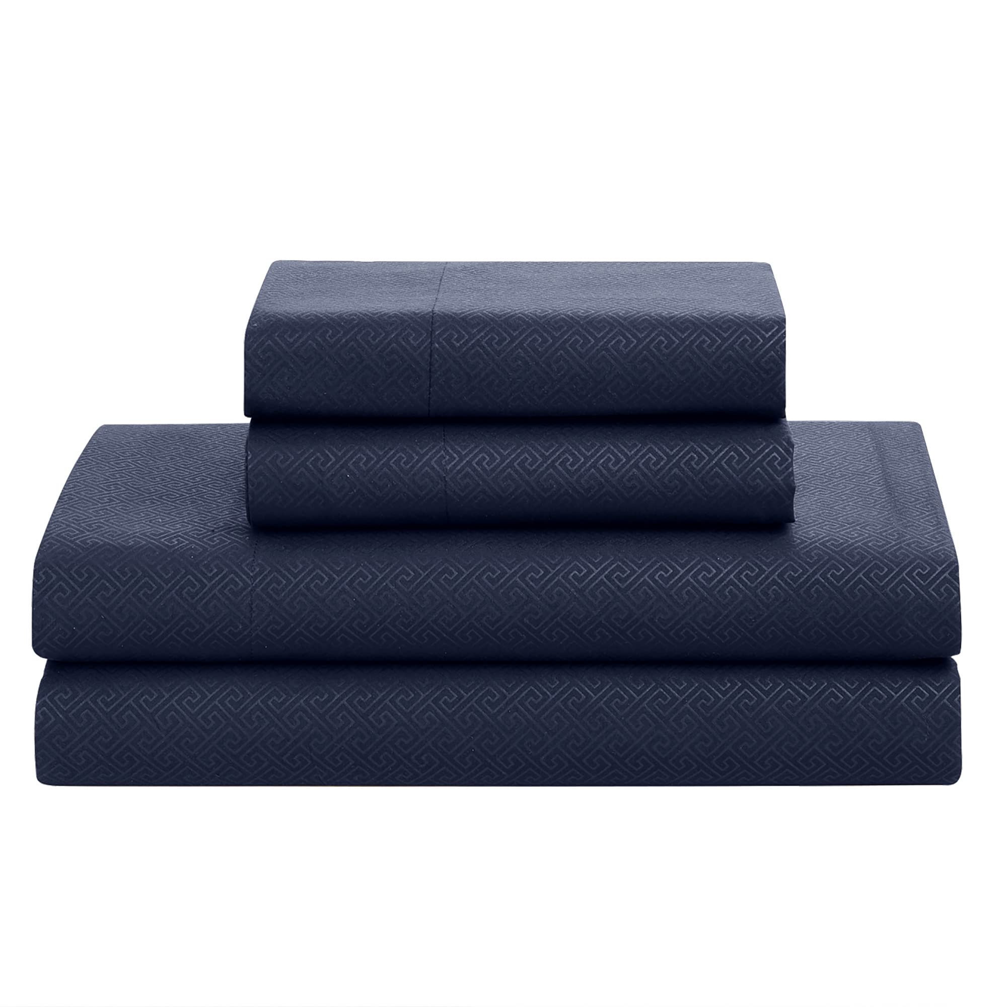 Queen Comforter Set 8 Piece Bed In A Bag With Bed Skirt, Fitted Sheet, Flat Sheet, 2 Pillowcases, 2 Pillow Shams, Queen, Greek Key Navy