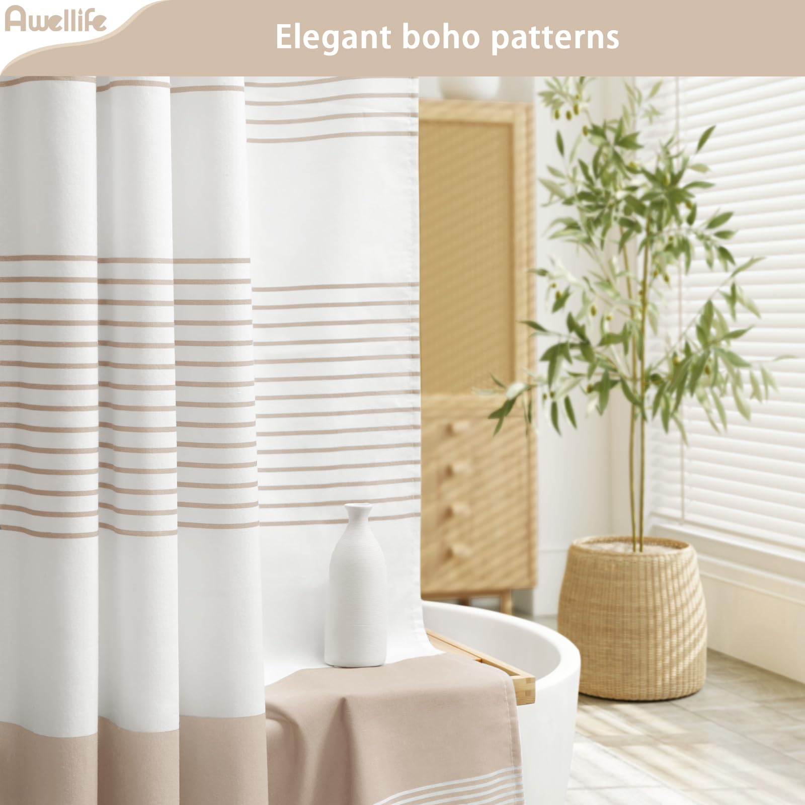 Awellife Boho Beige Shower Curtain For Bathroom Stripe Tassel Shower Curtain 84 X 72 Inches Farmhouse Linen