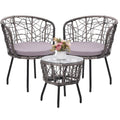 Kromax Boho 3 Piece Bistro Set, Modern Outdoor Wicker Patio Furniture With Tempered Glass Table Top And 2 Chairs, Washable Cushions, Grey Rattan And Grey Cushion