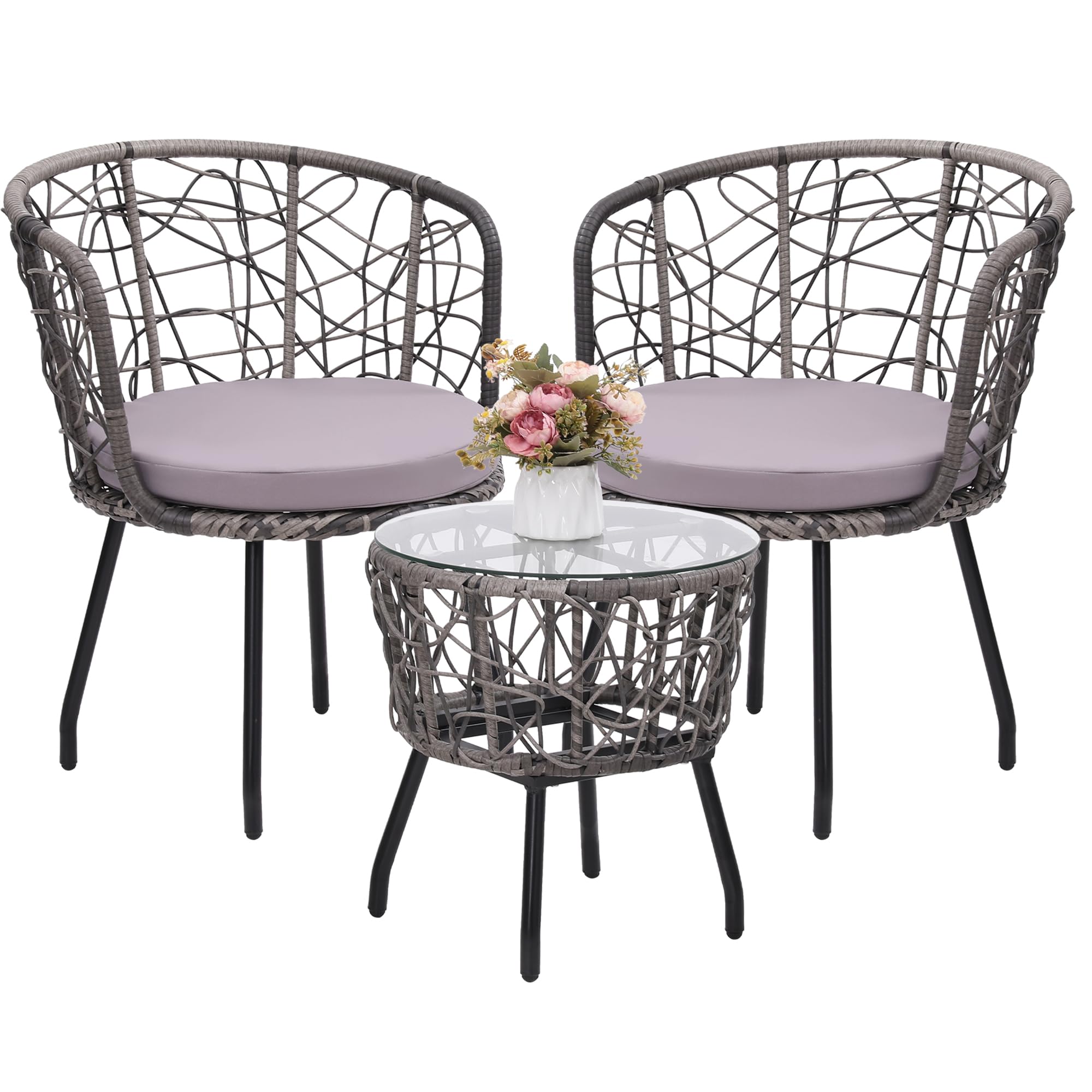 Kromax Boho 3 Piece Bistro Set, Modern Outdoor Wicker Patio Furniture With Tempered Glass Table Top And 2 Chairs, Washable Cushions, Grey Rattan And Grey Cushion