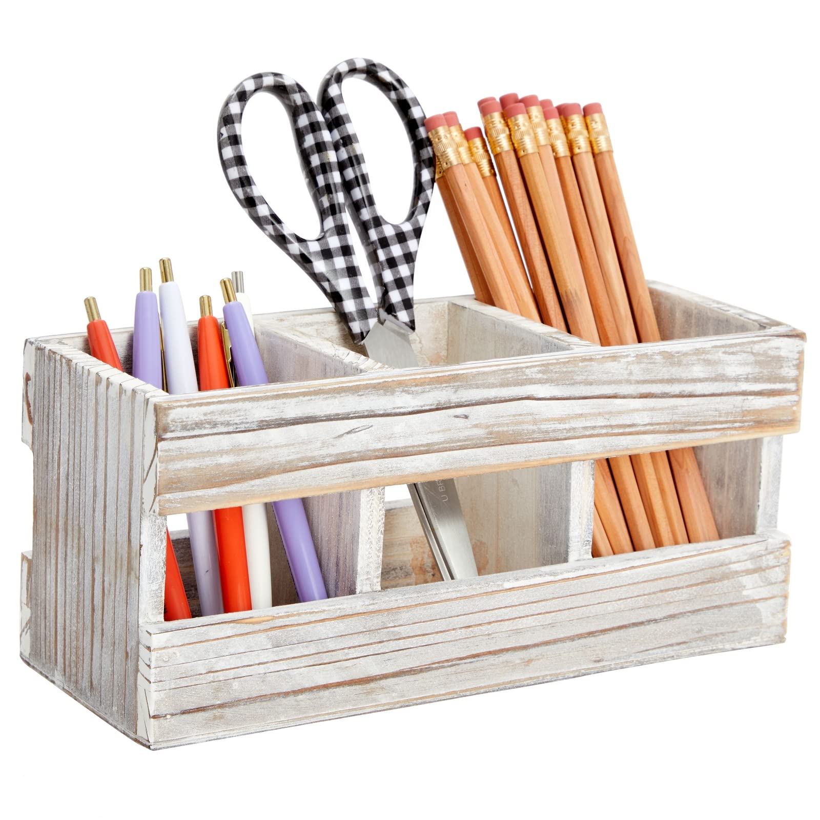 Juvale Rustic-Style Desk Pencil Holder With 3 Compartments - Farmhouse Decor And Wooden Organizer For Pen And Office Accessories