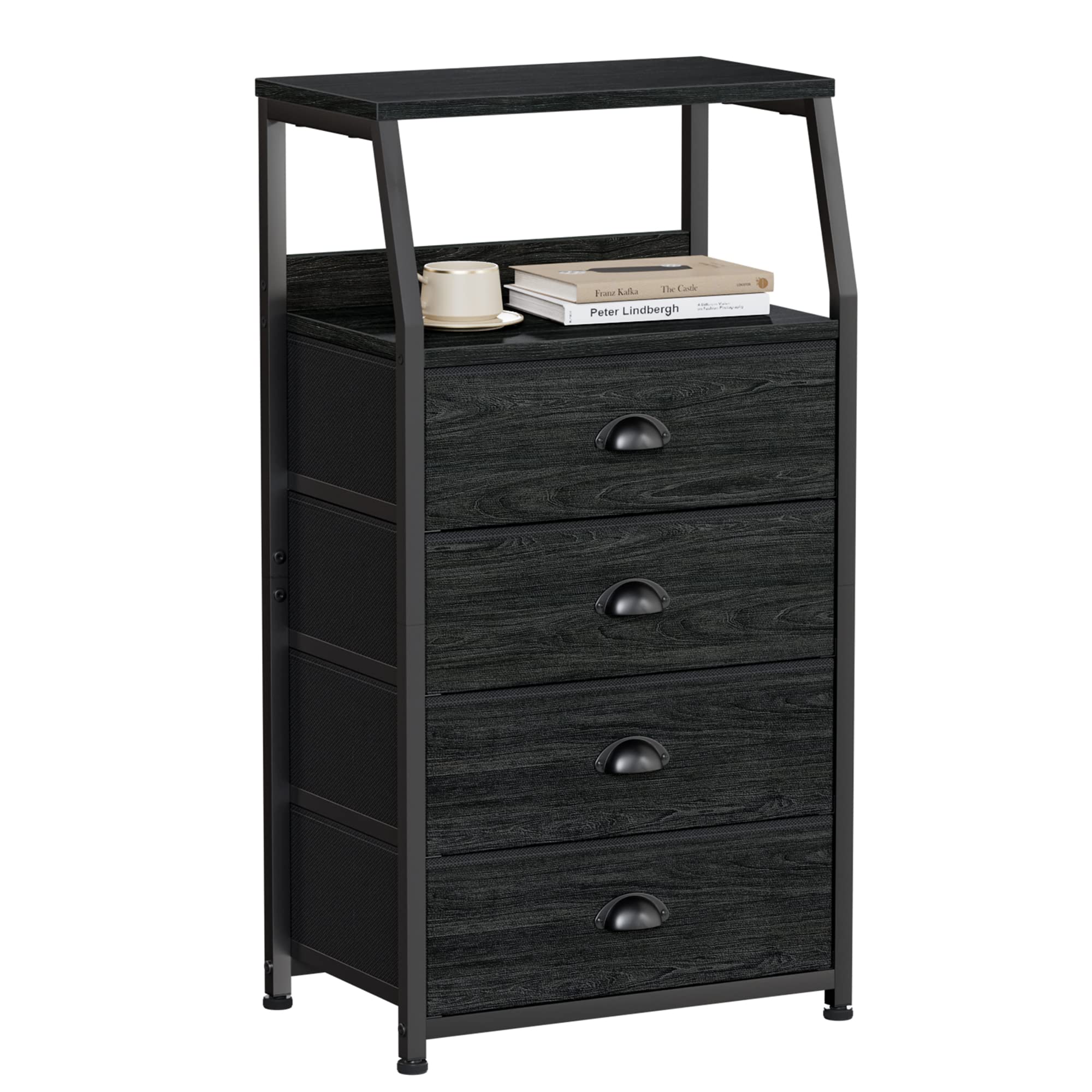 Furnulem Tall 4 Drawers Dresser, Vertical Storage Tower Black Dresser For Bedroom, Hallway, Entryway, Nursery, Closet Organizer, Nightstand Bedside Table Furniture, Sturdy Steel Frame, Wood Top