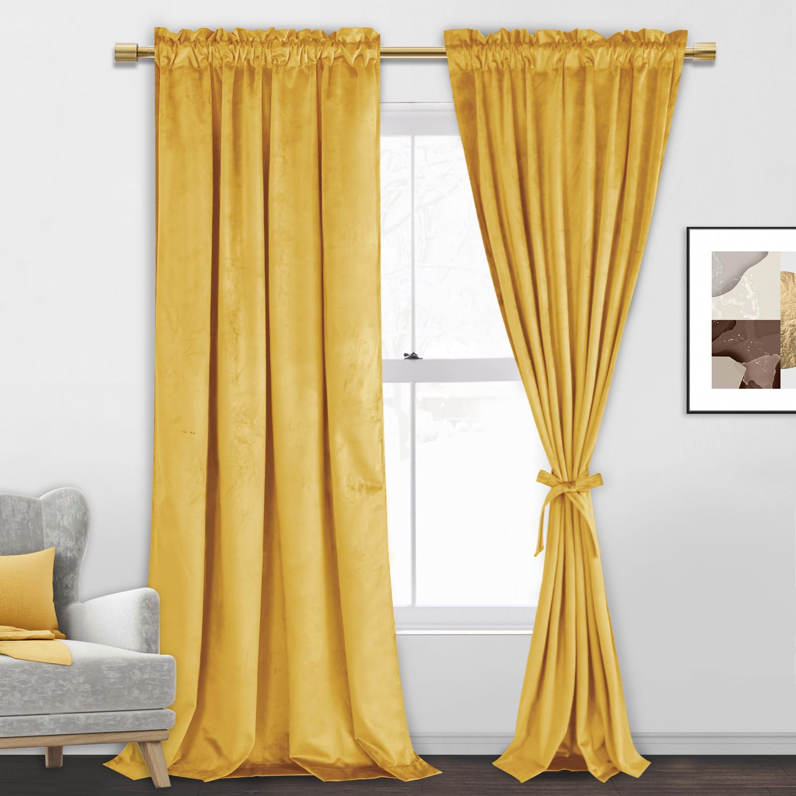 Jiuzhen Yellow Velvet Curtains For Bedroom Luxury Room Darkening Window Drapes For Office/Party/Gallery, Set Of 2 Panels, 52 X 8