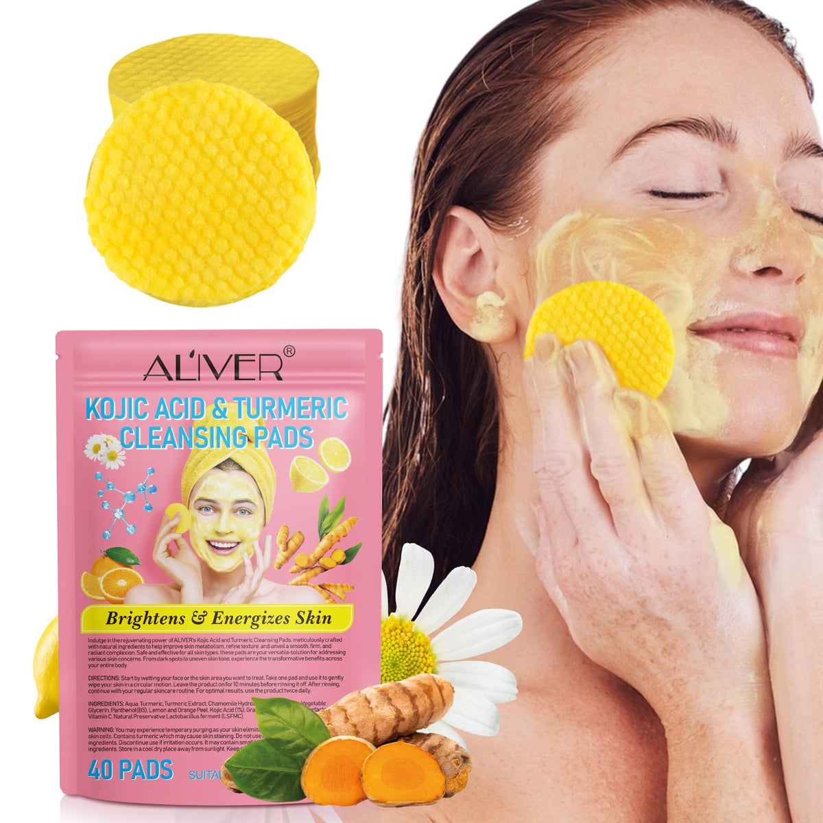 Turmeric Cleansing Pads, 40PCS Turmearic Cleansing Pads with Vitamin B5, Vitamin C, Turmeric Pads Infused Foaming Exfoliating Pa