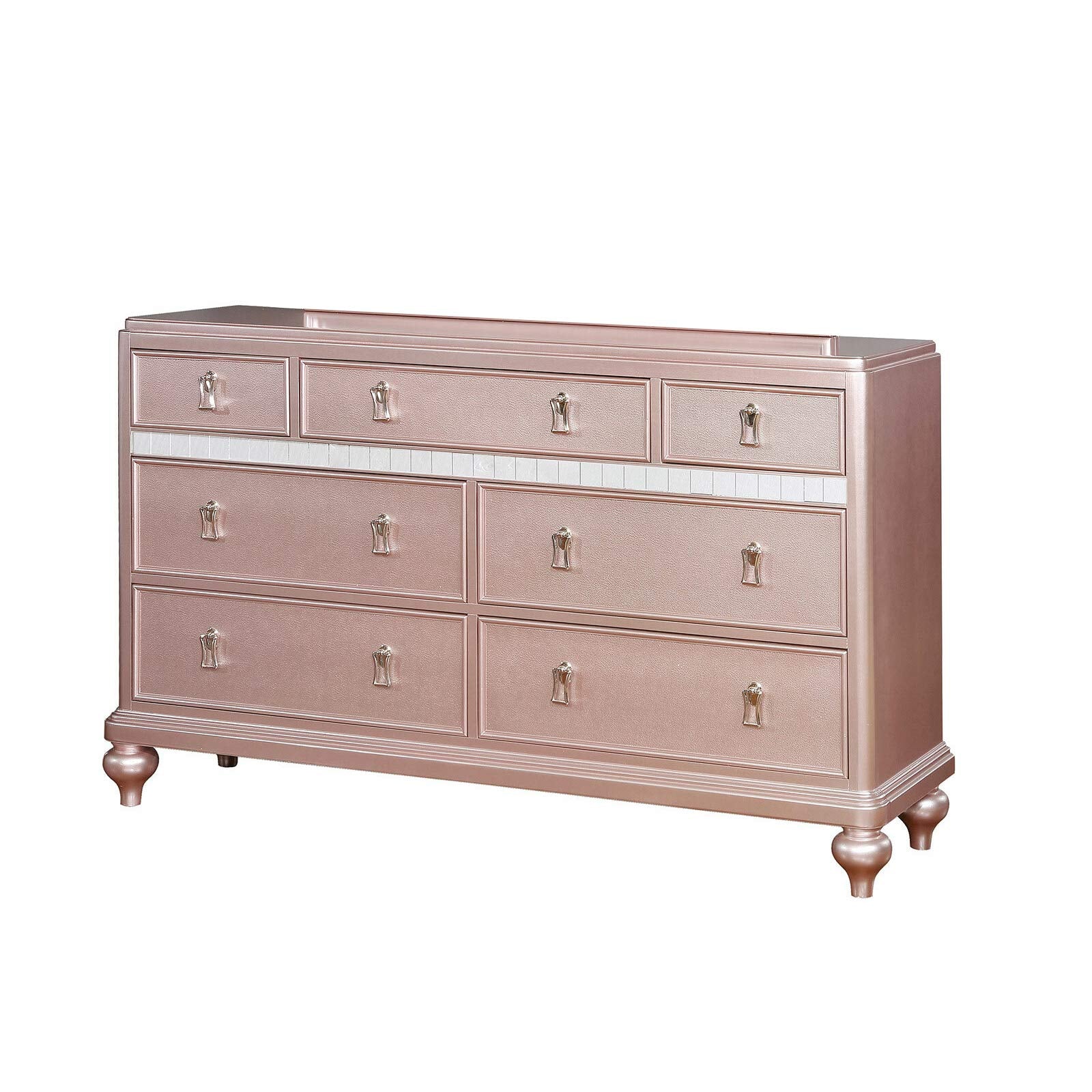 Benjara Wooden Dresser With 7 Drawers And Mirror Panel Inserts, Rose Gold