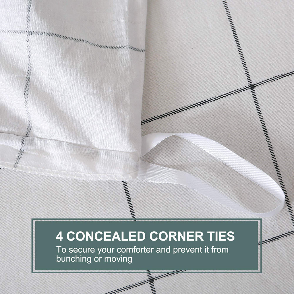 Jellymoni 100% Natural Cotton 3Pcs Plaid Duvet Cover Sets,White With Black Grid Geometric Pattern Printed Comforter Cover,With Z