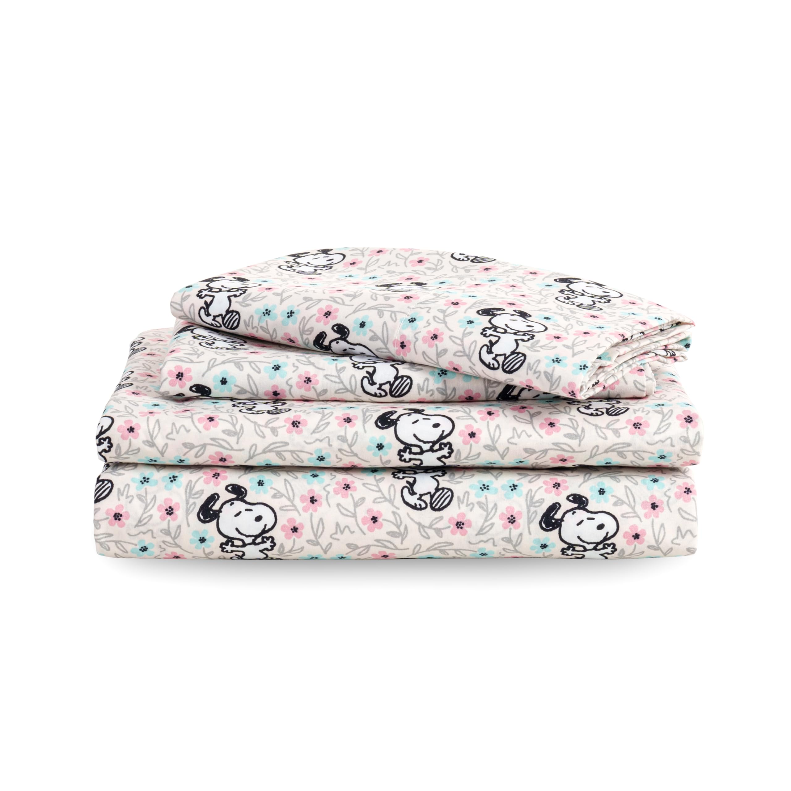Berkshire Blanket Peanuts Kids Sheet Set, Full Size - 4 Pieces, Peanuts Mini Snoopy Spring Floral Happy Dance Soft Grey, Cute Ch