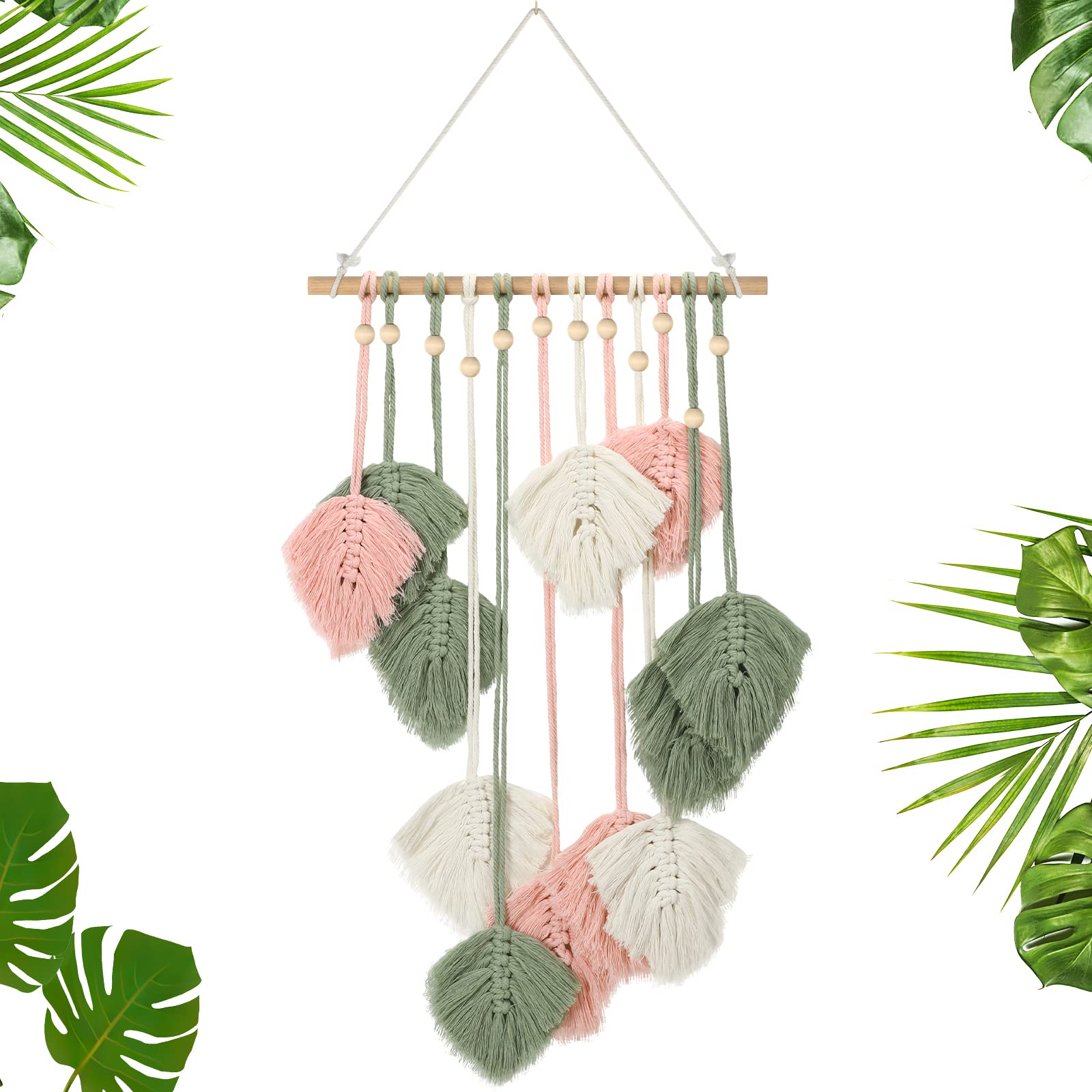 Oudain Leaves Macrame Green Feather Boho Wall Decor Large Leaf Yarn Wall Hanging Tapestry Handmade Woven Wall Art for Bedroom Nu