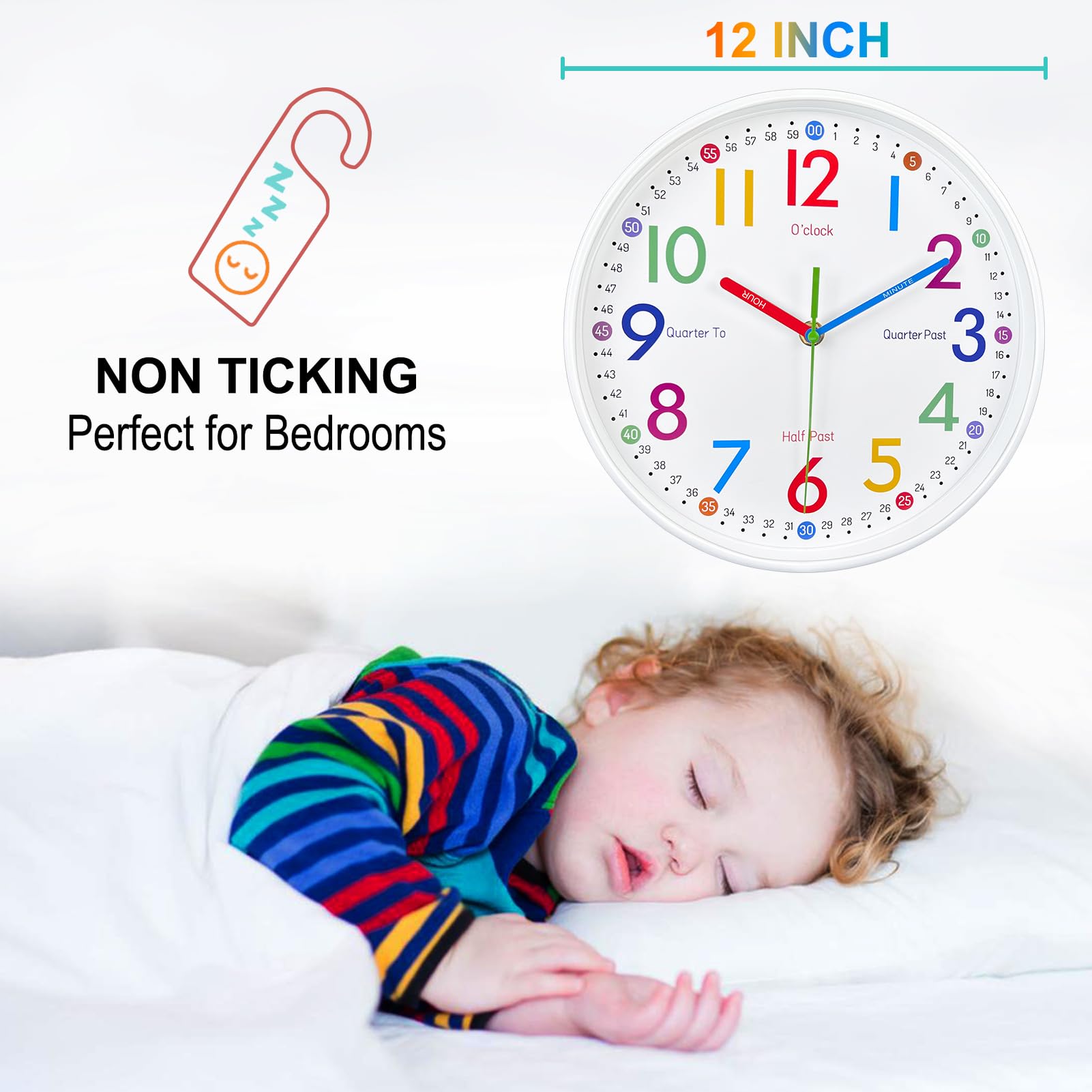 Airuifu Learning Clock For Kids-Silent Analog Clock For Bedrooms-Kids Room Decor-12 Inches Colorful Wall Clock Helps Kids Easier
