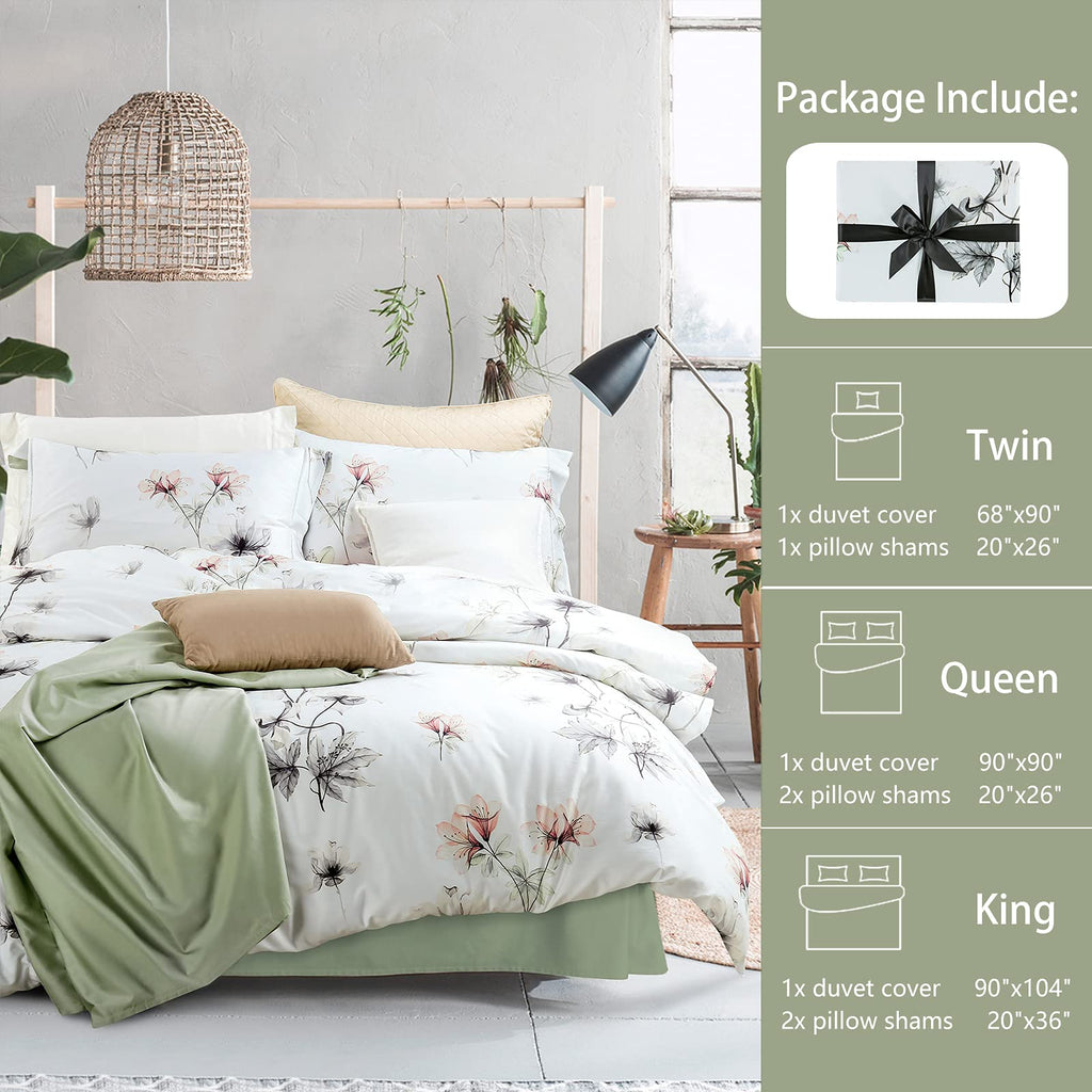 Mildly 100% Long-Staple Cotton Duvet Cover Set White Green Floral Leaves Pattern Printed Comforter Cover 3Pcs, Ultra Soft & Brea
