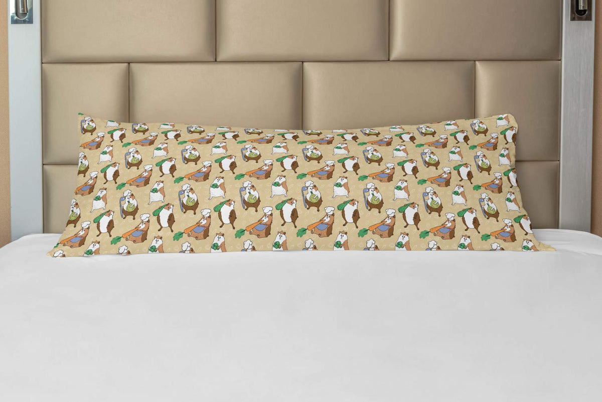 Lunarable Guinea Pig Body Pillow Case Cover with Zipper, Chef Teddy Pigs Carrying Carrot Onion Ladle and Green Beans on Doodled 