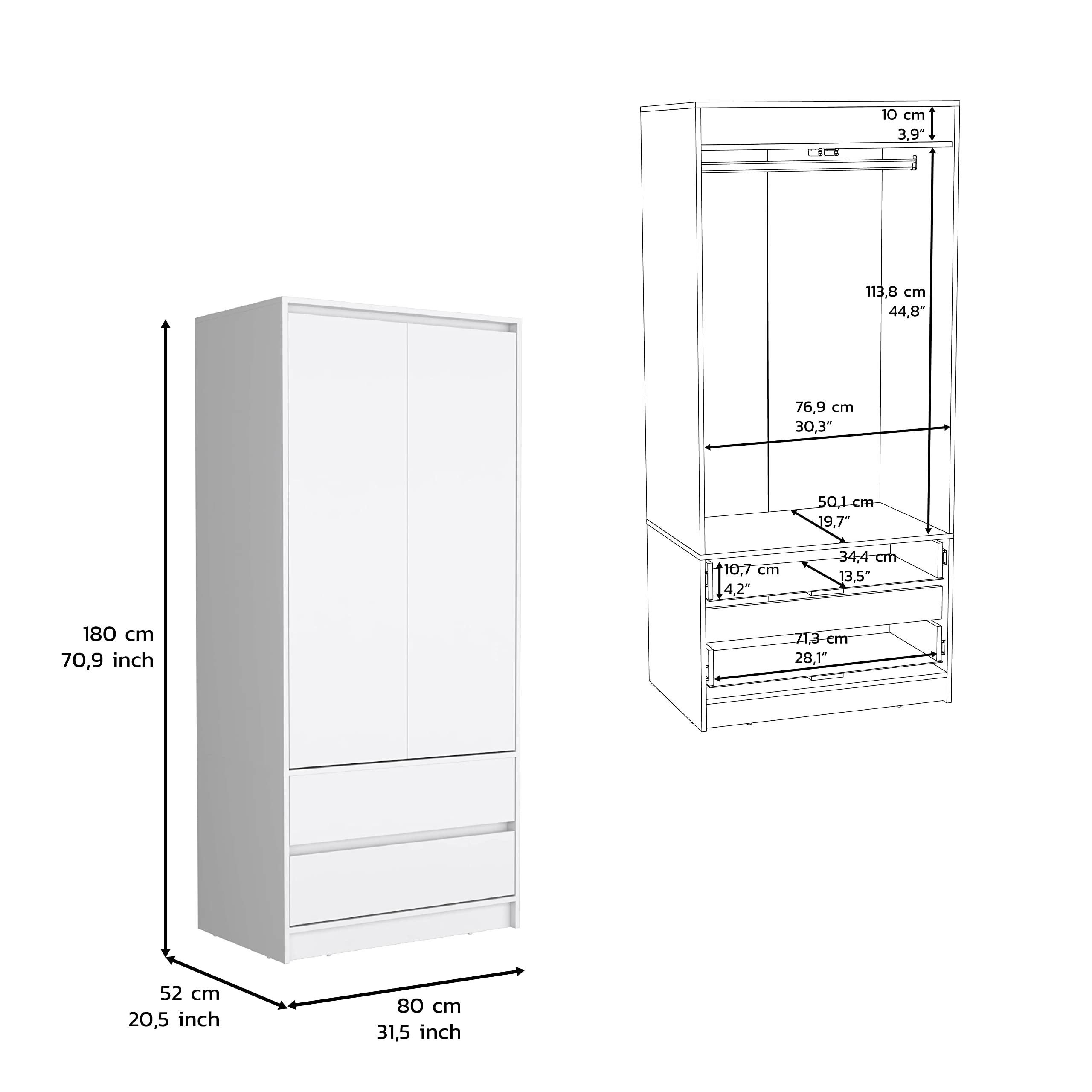 Depot E-Shop Palmer 2 Drawers Armoire, Wardrobe Closet With Hanging Rod, White