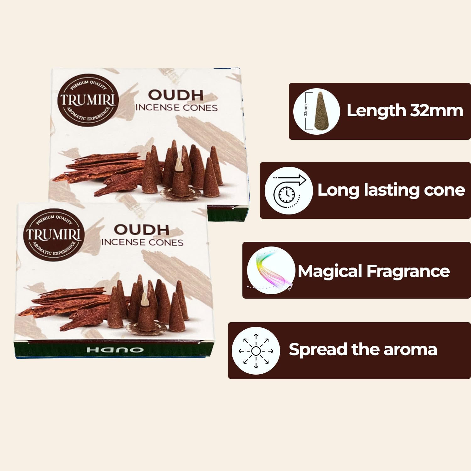 TRUMIRI Oud Incense Cones - Pack of 20 Scented Cones - Dual Pack (10 Cones Each) - Premium Quality Aromatic Incense