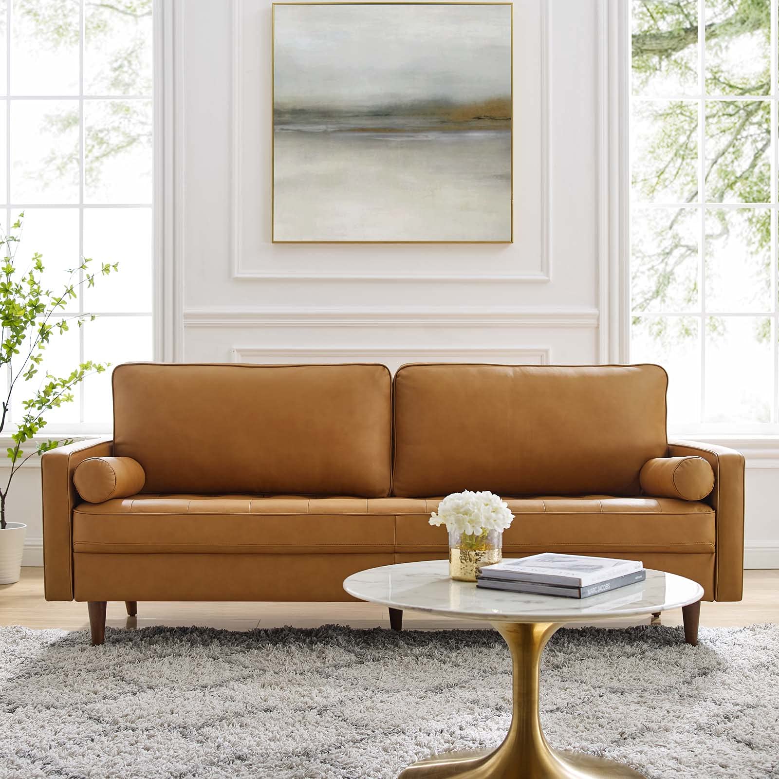 Modway Valour 81&quot; Leather Tufted Sofa in Tan