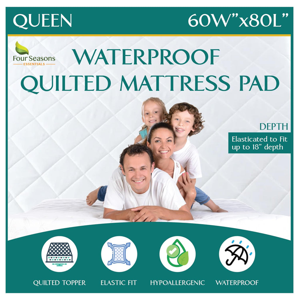Queen Size Quilted Mattress Pad - Fitted Waterproof Mattress Protector, Pillow Top Mattress Topper, Premium Quality Hypoallergen