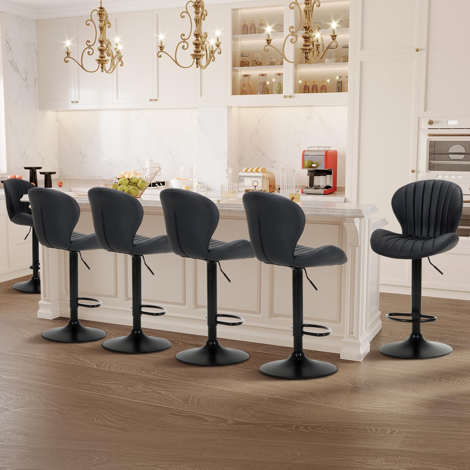 COLAMY Bar Stools Set of 6, Modern Swivel Bar Chairs, Adjustable Faux Leather Upholstered Barstools Counter Height with High Bac