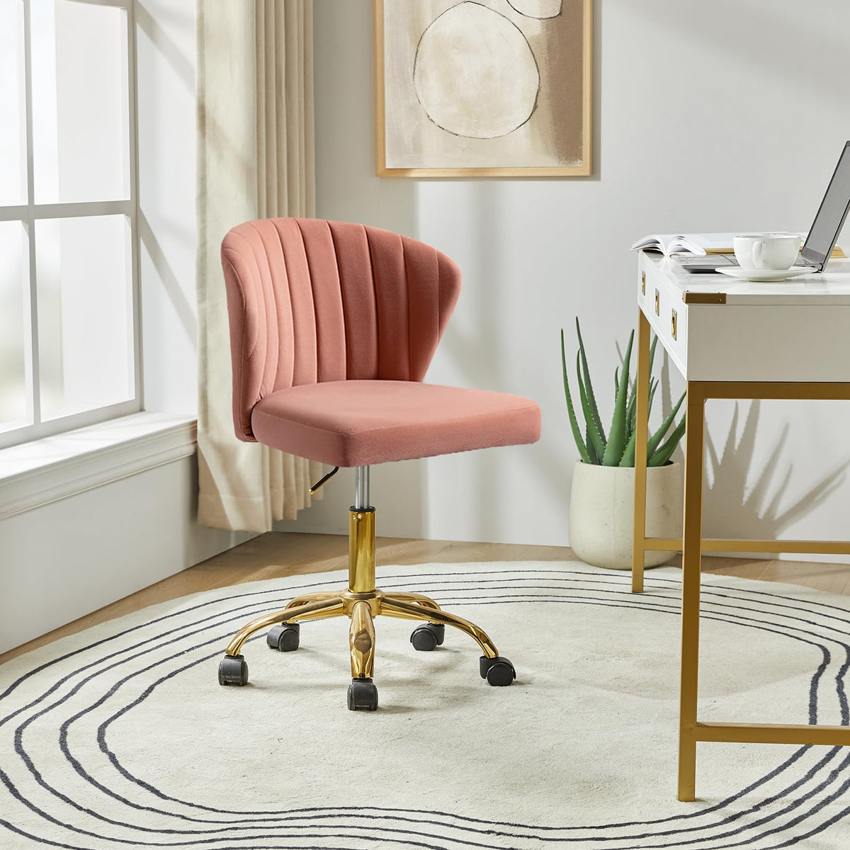 Hulala Home Home Office Desk Chair With Gold Wheels, Small Cute Vanity Chair With Back For Bedroom, Adjustable Rolling Task Work