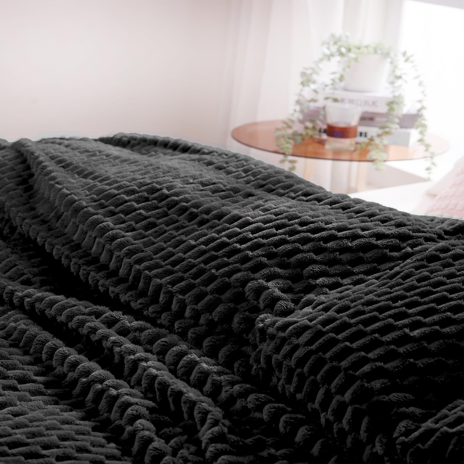 Puncuntex Black Throw Blanket 90''  90'' Inches Fuzzy 3D Jacquard Decorative Flannel Fleece Super Soft Plush Cozy Blanket For Co