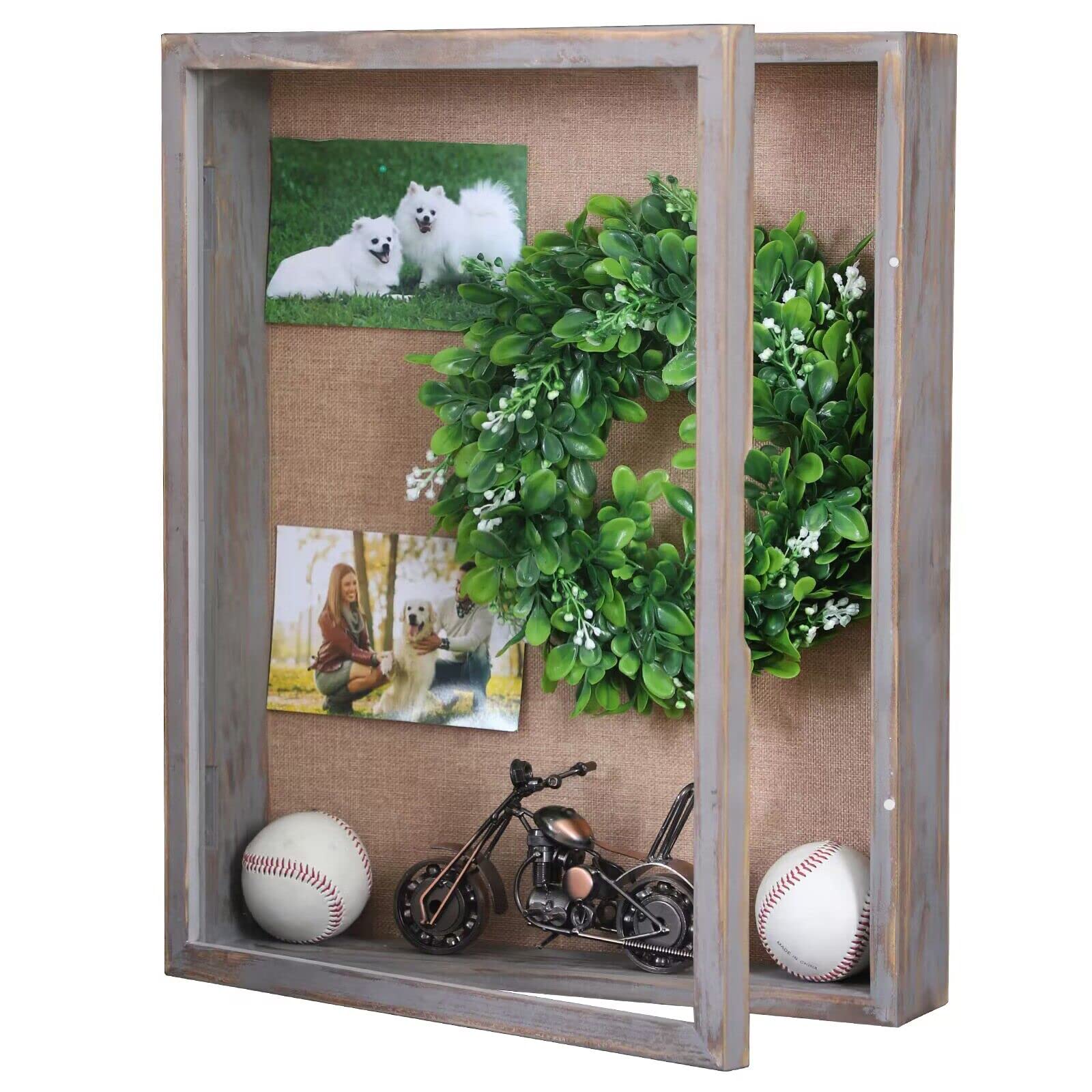 Rustic Grey Shadow Box Frame 16x20, Extra Large Deep Shadow Box with Opening Door, Big Display Case for Wedding Bouquet Memorabi