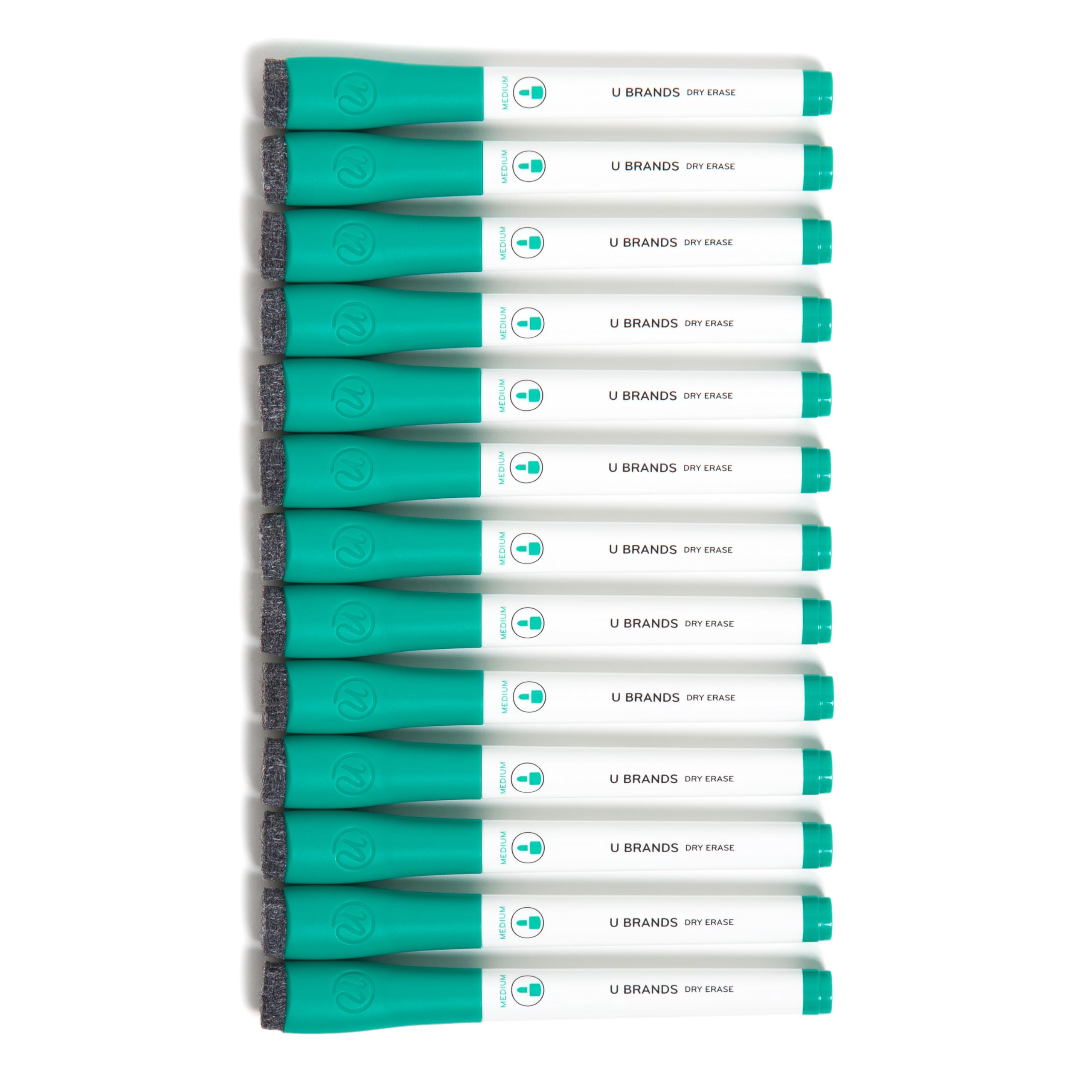 U Brands Low-Odor Dry Erase Markers With Erasers, Set Of 12, Medium (2 Mm) Point, Green