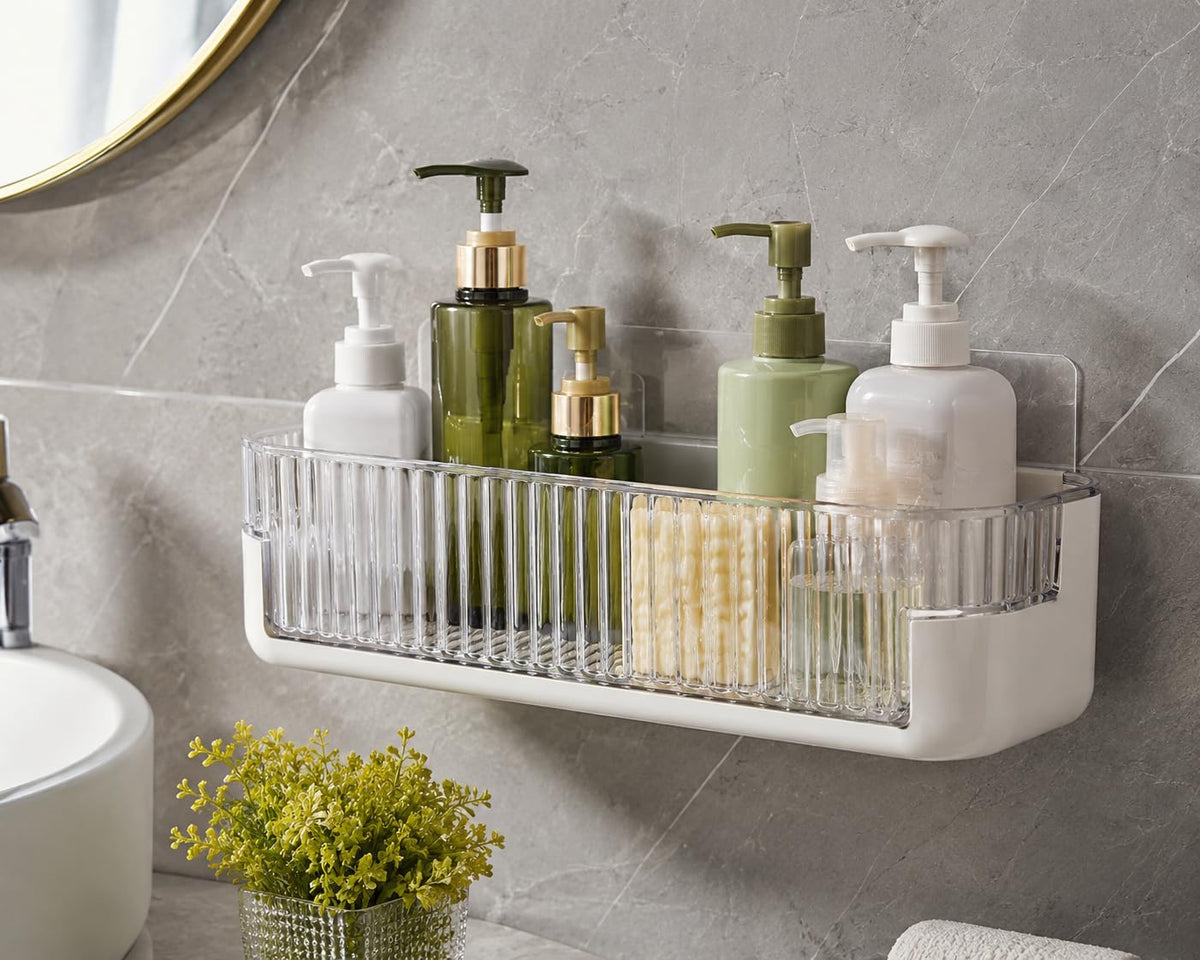 Aromix Wall Mounted Bathroom Storage Shelf Organizer with Strong Adhesive, Waterproof Plastic Shower Caddy Rack, No Drill Wall S