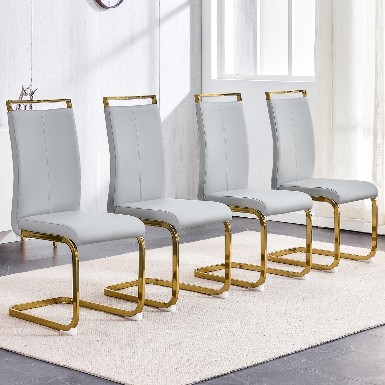Gopop Modern Dining Chairs Set Of 4,High Back Kitchen Chairs,Faux Leather Side Chair With Gold Plated Metal Legs,Easy To Clean U