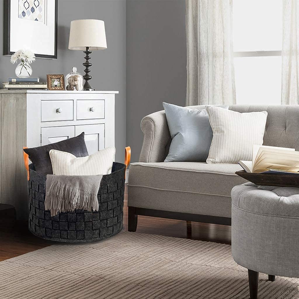 Boldmonkey Laundry Basket 20' X20 X11.8, Large Round Blanket Basket With Leather Handle, Felt Storage Basket For Living Room, N