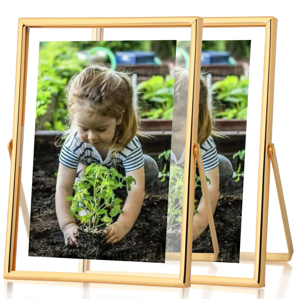 Fixwal Floating Picture Frame Set of 2, 5 x 7 Tempered Glass Frame for Tabletop Display, Gold Metal Display Frame, for Multi Siz