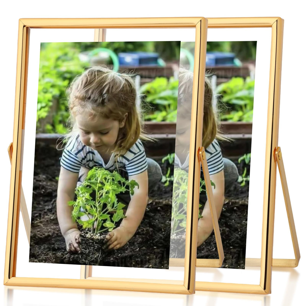 Fixwal Floating Picture Frame Set of 2, 5 x 7 Tempered Glass Frame for Tabletop Display, Gold Metal Display Frame, for Multi Siz