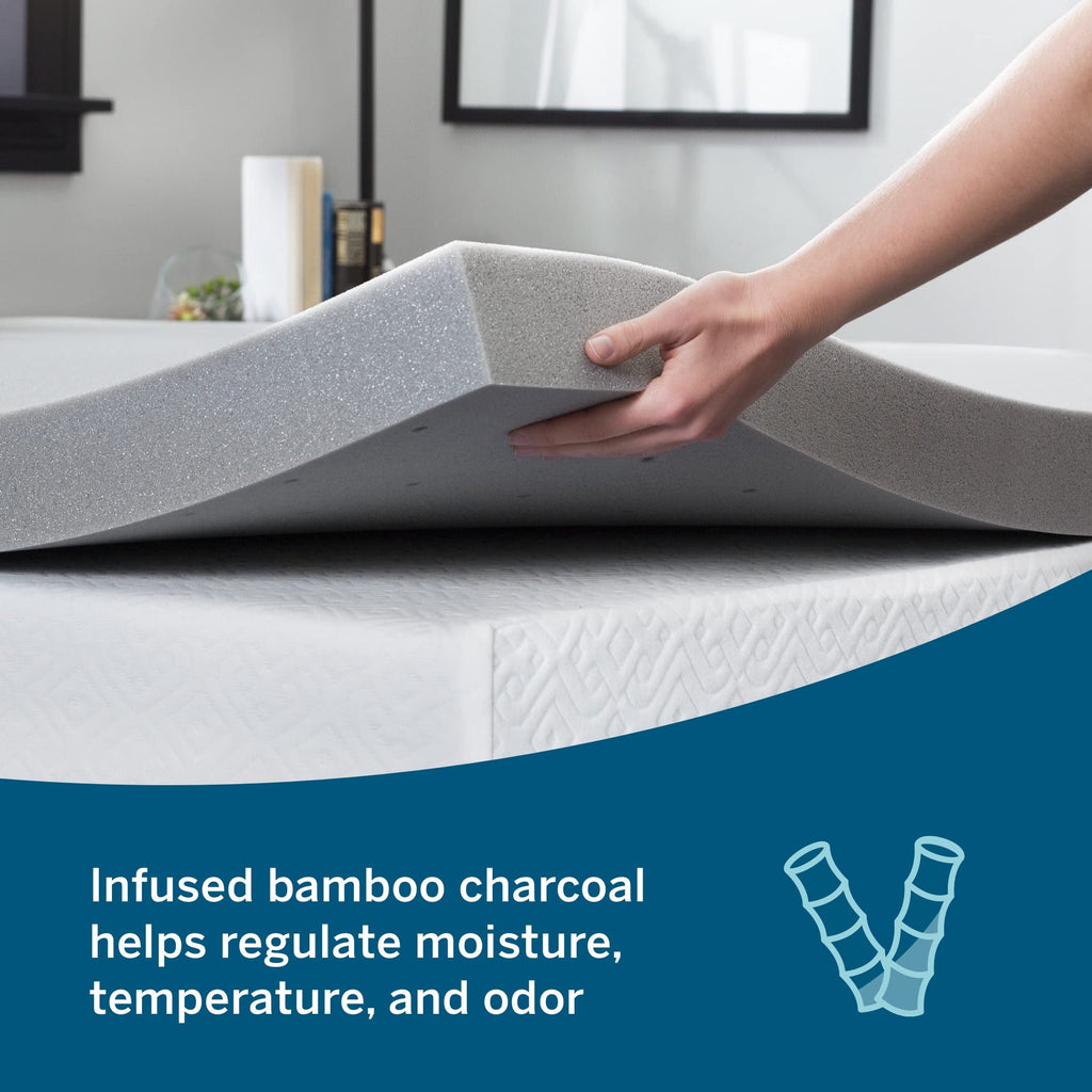 Lucid 3 Inch Mattress Topper Twin - Memory Foam - Bamboo Charcoal Infusion - Cooling Ventilation - Hypoallergenic - Certipur Certified Foam, White And Grey