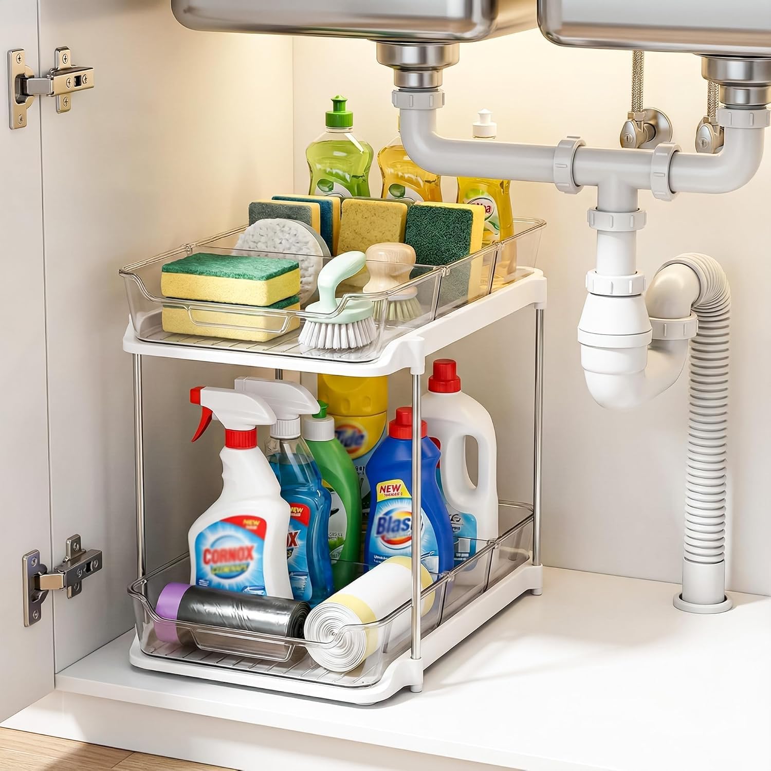Kitwe 2 Tier Under Sink Organiser Clear Bathroom Cabinets Vanity Countertop Storage Container Medicine Cabinet PullOut Organiza