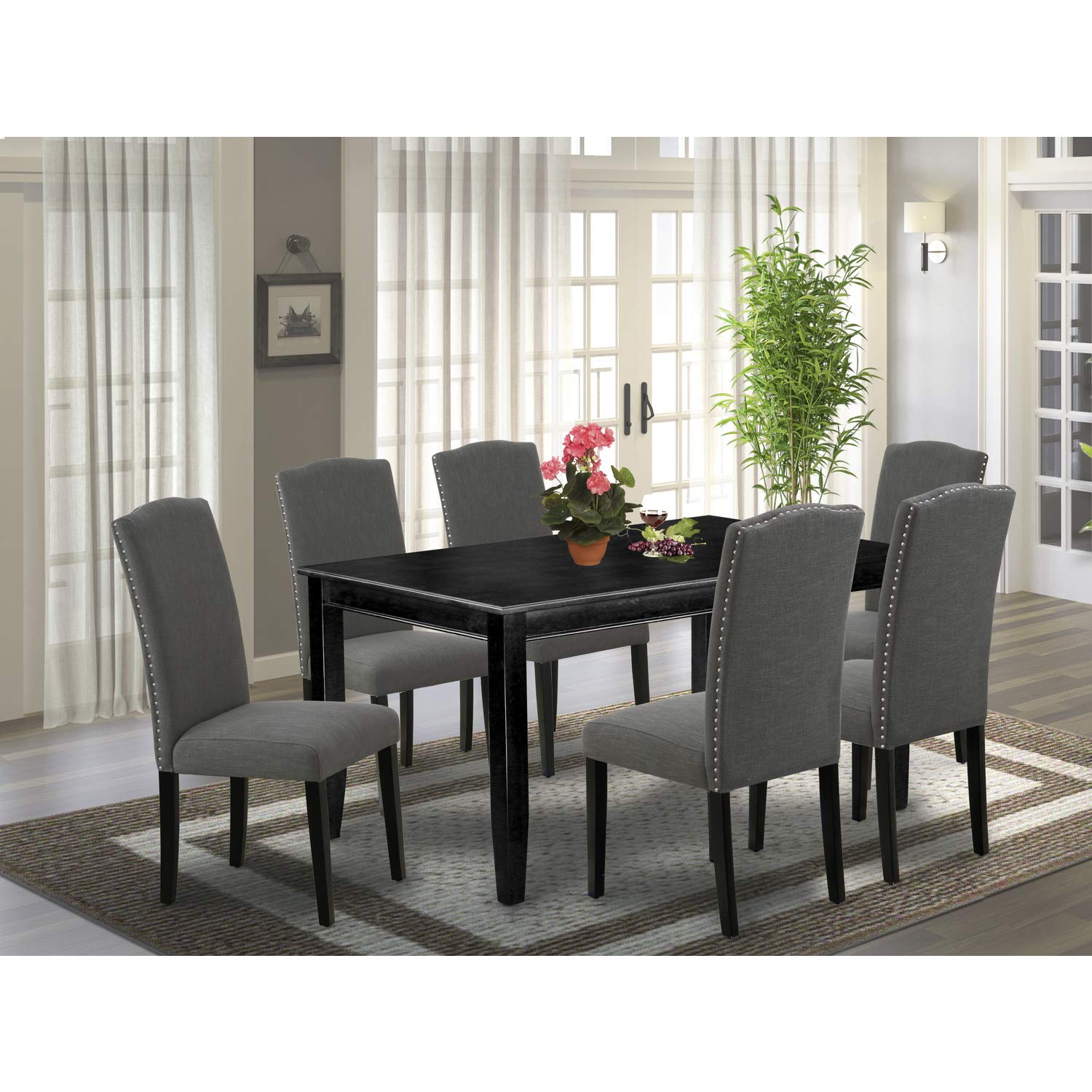 East West Furniture Duen7-Blk-20 Dudley 7 Piece Modern Dining Set Consist Of A Rectangle Wooden Table And 6 Dark Gotham Linen Fabric Upholstered Chairs, 36X60 Inch, Black