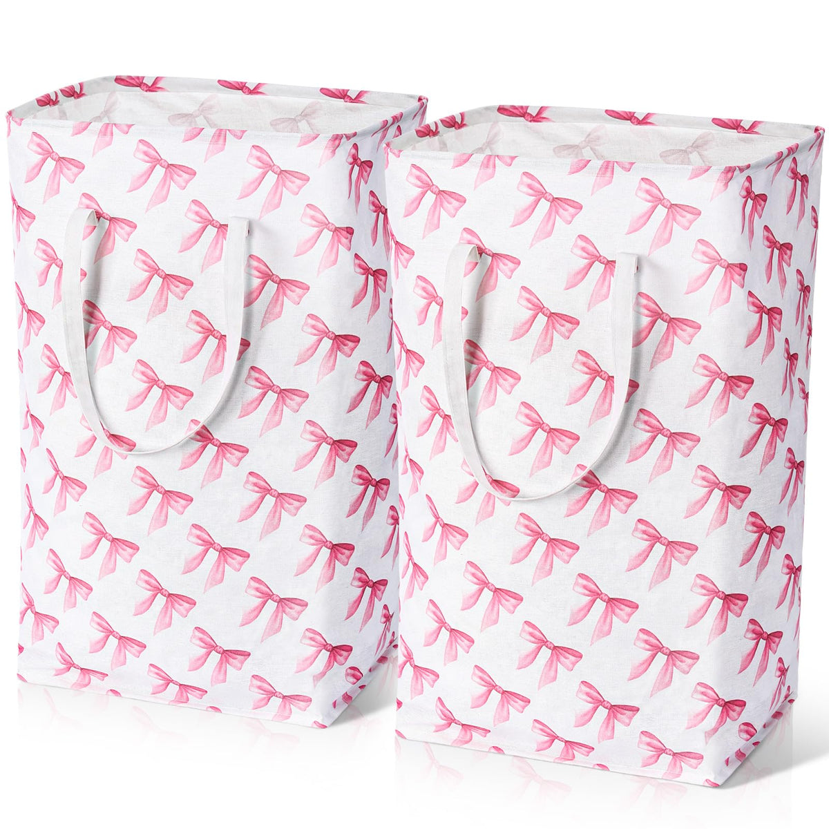 Leinuosen 2 Pcs 80l Large Bow Pink Laundry Hamper Basket with Waterproof Inner Lining, Collapsible Pink Clothes Storage Baskets 