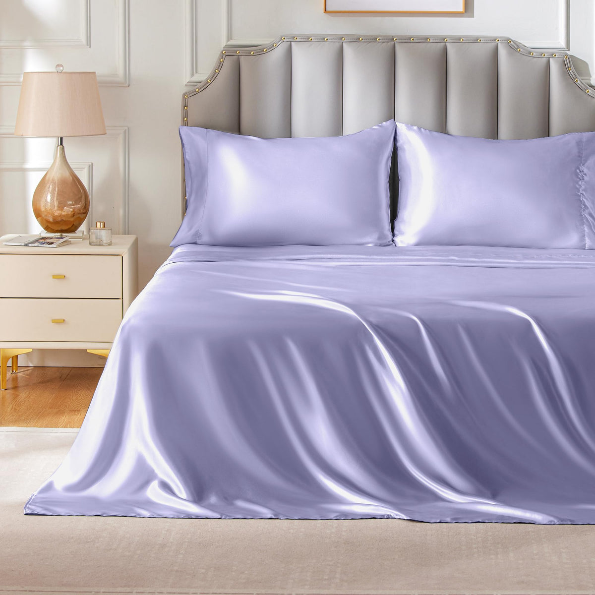 Freshculture Satin Sheets King Size, Silky Soft Satin Bed Sheets, 4 Psc Lavender Satin Sheets With Deep Pocket, Similar To Silk