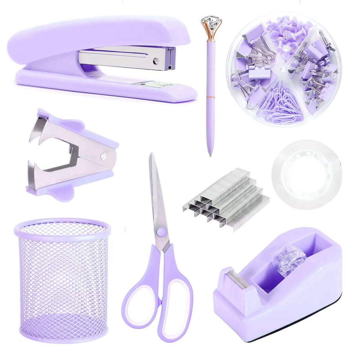 Purple Desk Accessories, Pink Office Supplies Set With Stapler, Tape Dispenser, Staple Remover, Pen Holder, Scissor, Binder/Pape