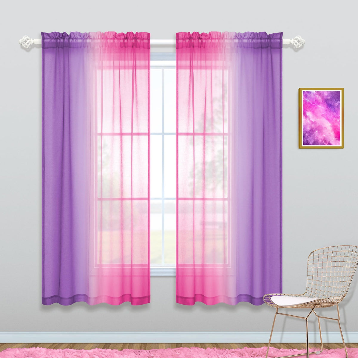 Koufall Pink And Purple Curtains 63 Inch Length For Girls Room Decor 2 Panels Set Kawaii Rainbow Window Sheer Ombre Lavender Lil