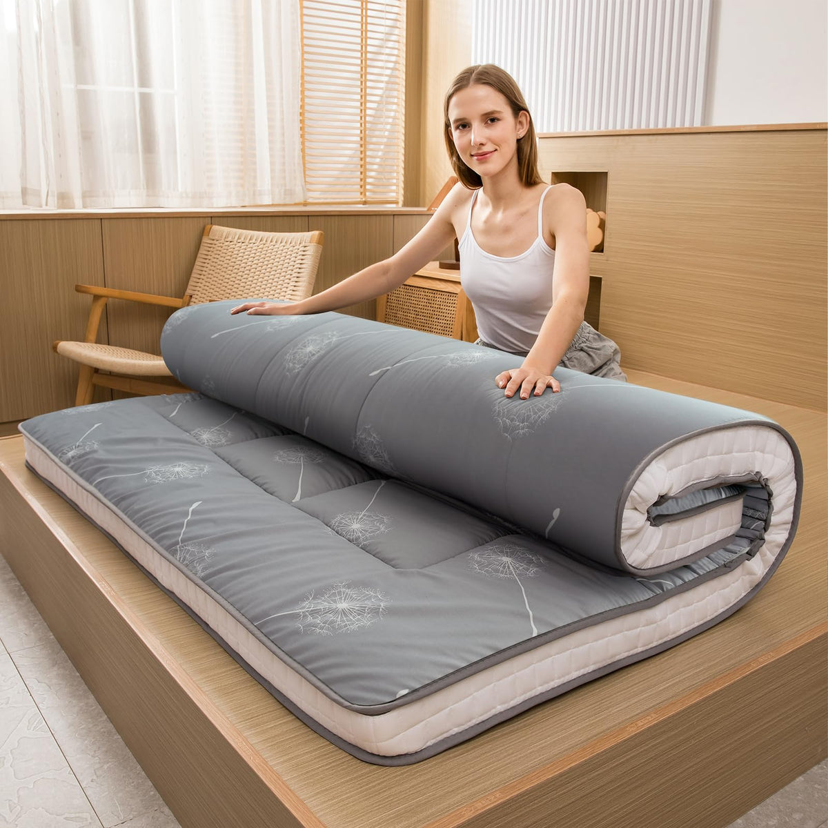Maxyoyo Futon Mattress Japanese Floor Mattress, Extra Thick Dandelion Pattern Bed Mattress Topper, Quilted Folding Sleeping Pad