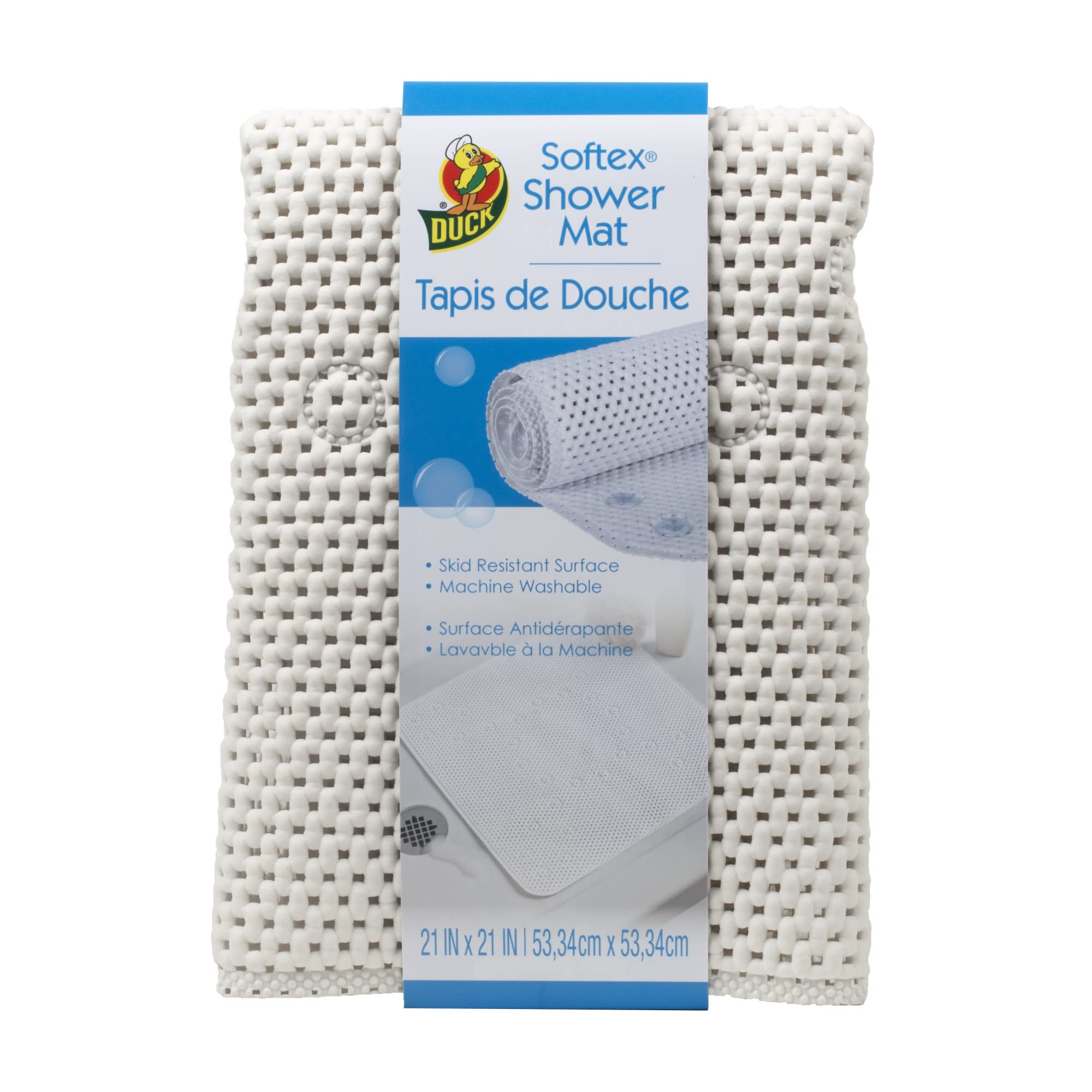 Duck Brand Softex Shower Mat, Machine Washable, 21 x 21 Inches, White, Skid Resistant (285154)