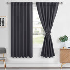 Hiasan Blackout Curtains 63 inch Long Sewn with Tiebacks, Rod Pocket & Back Tab Charcoal Gray Thermal Insulated Drapes, Room Dar