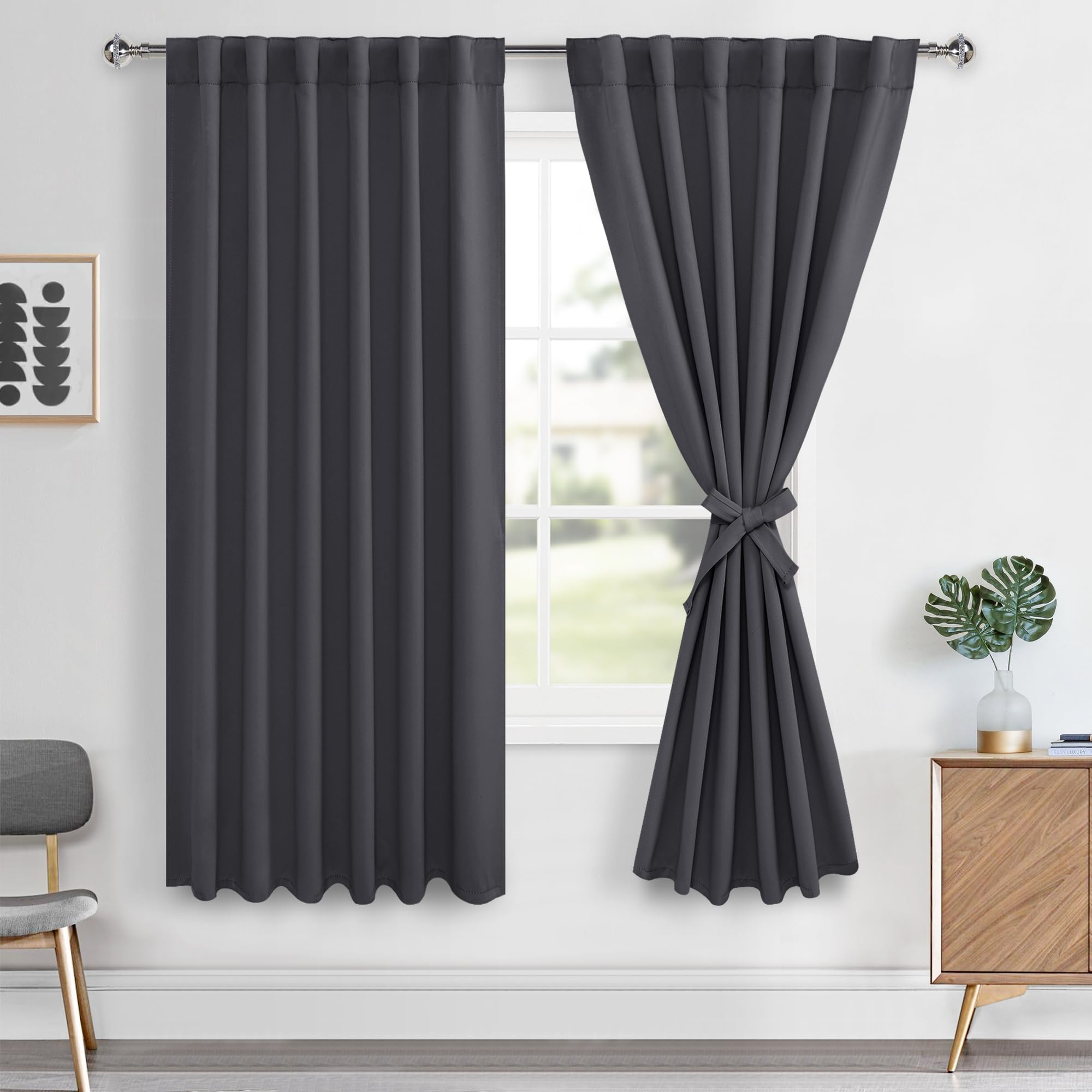 Hiasan Blackout Curtains 63 inch Long Sewn with Tiebacks, Rod Pocket & Back Tab Charcoal Gray Thermal Insulated Drapes, Room Dar