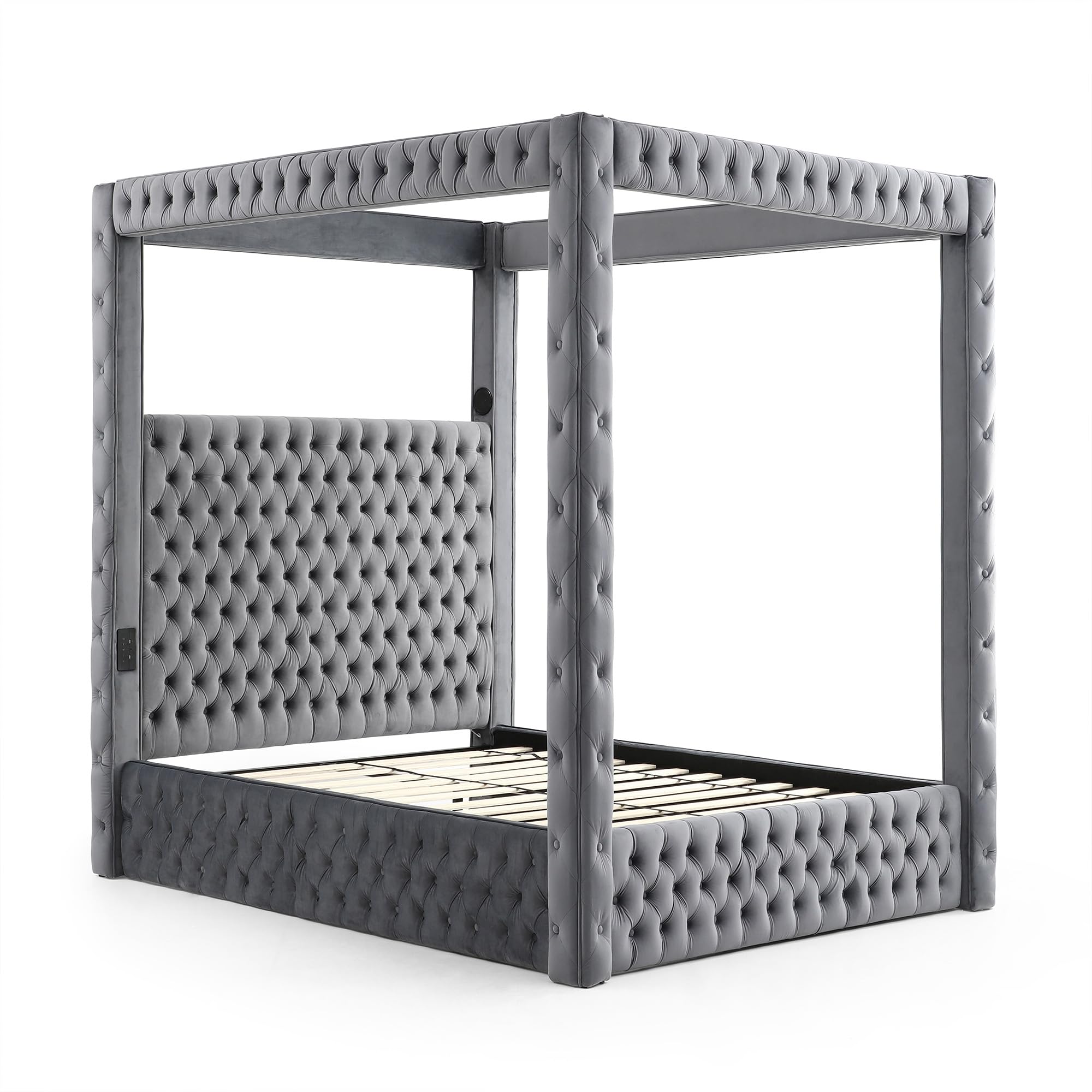 Better Home Products Dream Luxurious Velvet Canopy Bed with Speaker & USB Connection (Gray, King)