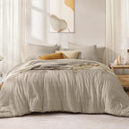Casaagusto Queen Comforter Set, 7 Pieces Oatmeal Seersucker Bed In A Bag Queen Size Soft All Seasons, Bedding Sets With Comforte