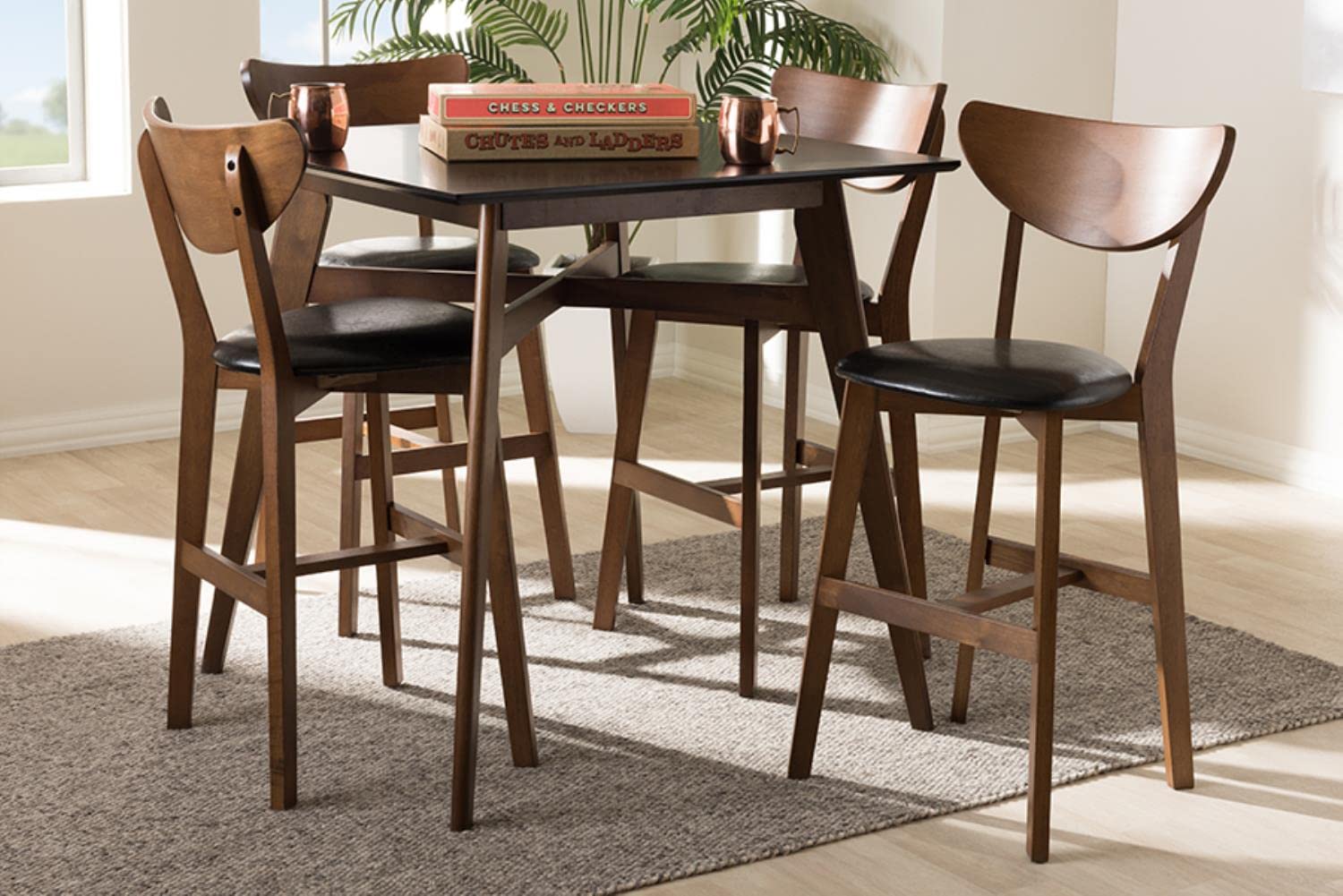 Baxton Studio Eline Mid-Century Modern Black Faux Leather Upholstered Walnut Finished 5-Piece Pub Set Black//Medium Wood/Mid-Century/Table/Faux Leather/Rubber Wood/Foam