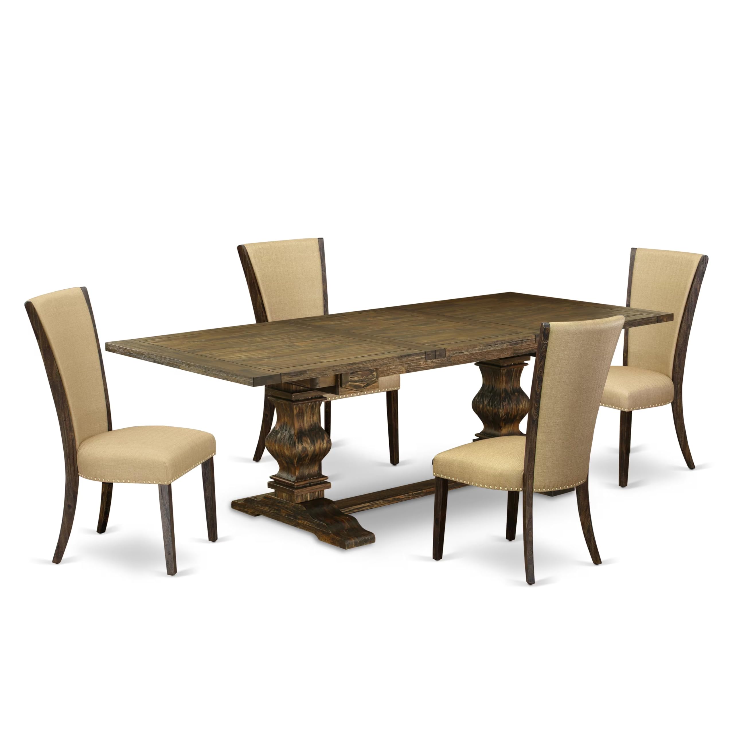 East West Furniture Lave5-77-03 5 Piece Dining Table Set Includes A Rectangle Dining Room Table With Removable Leaf And 4 Brown Linen Fabric Upholstered Chairs, 42X92 Inch, Jacobean