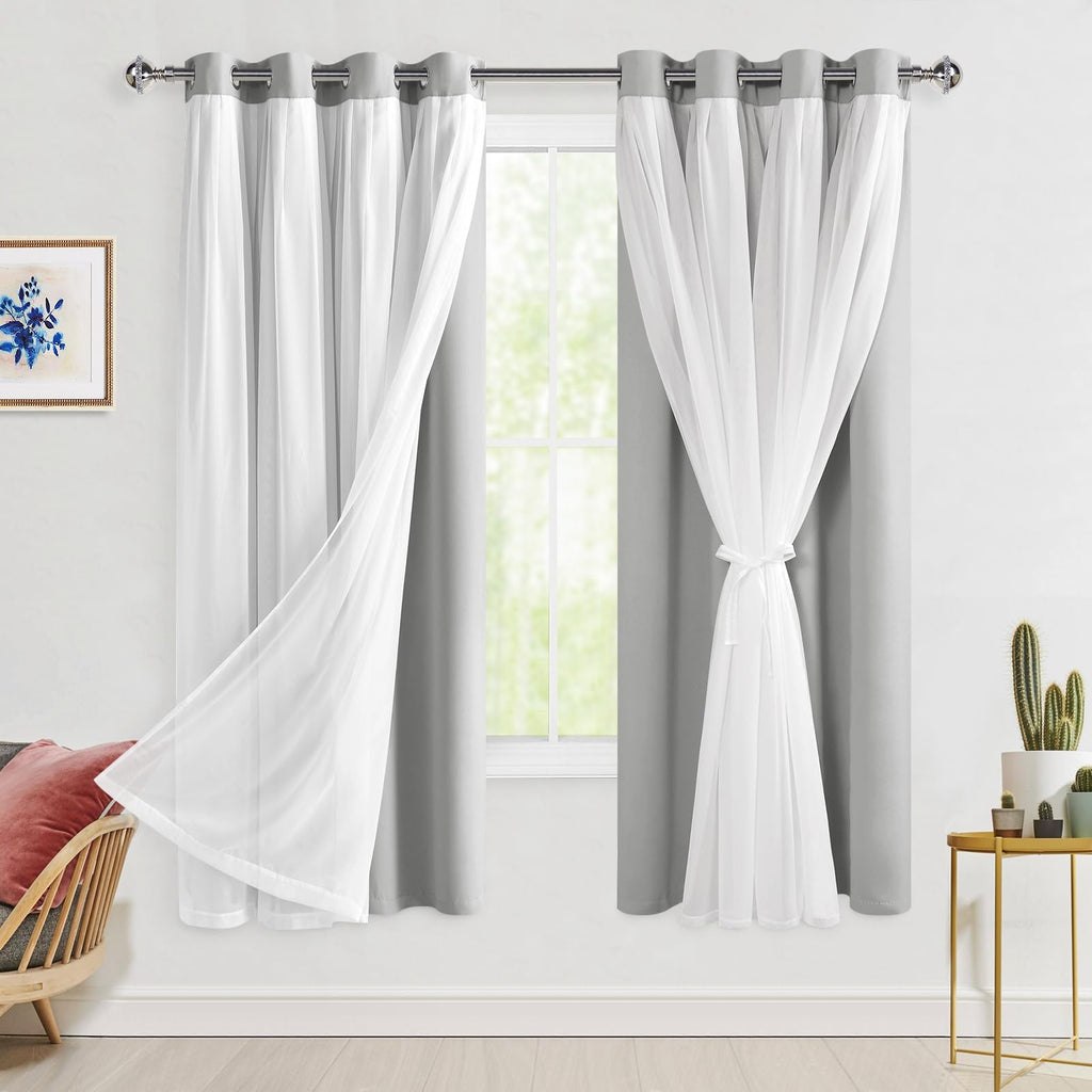 Hiasan Blackout Curtains with Sheer Overlay, Thermal Insulated Privacy Double Layer Mix & Match Window Curtains for Girls Bedroo
