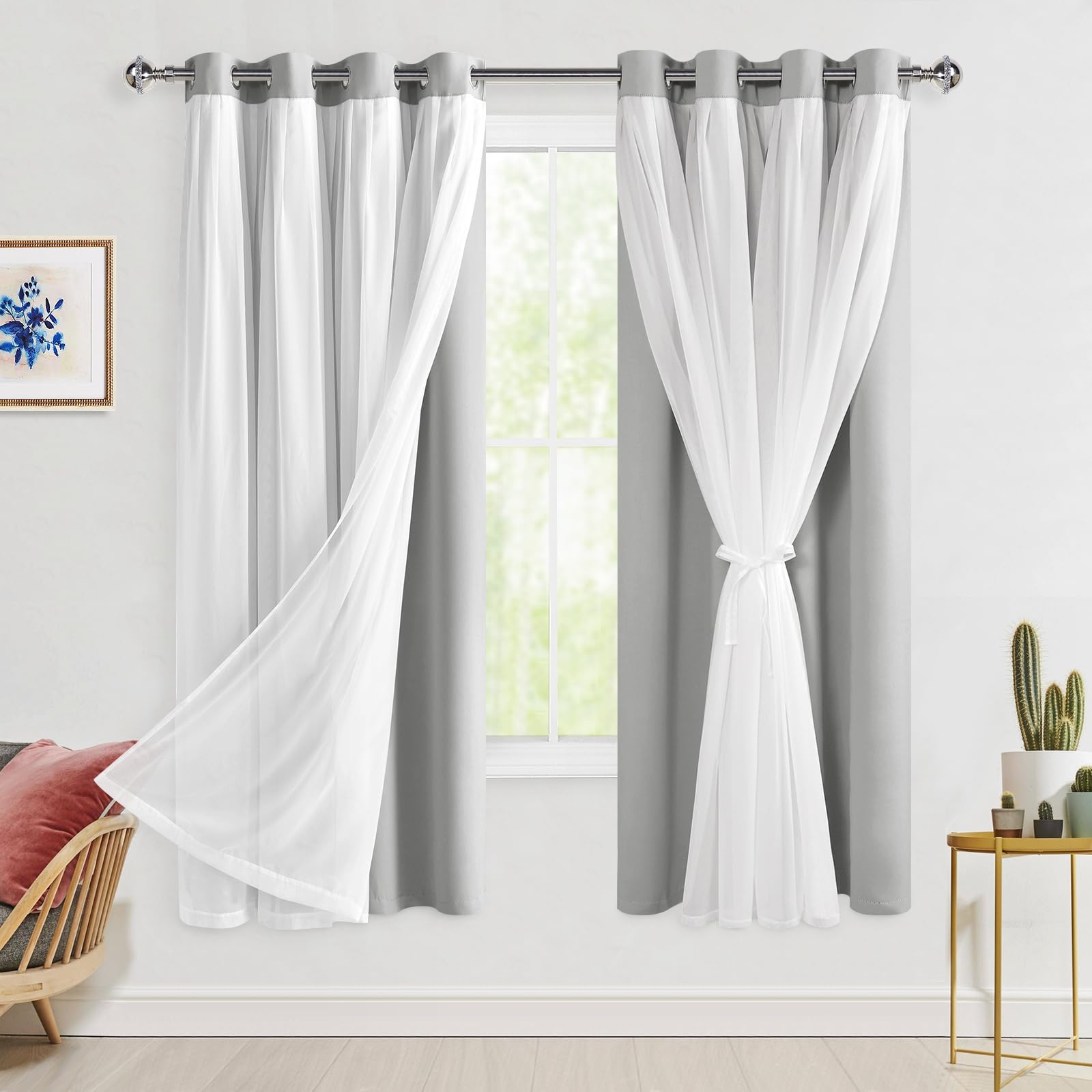 Hiasan Blackout Curtains with Sheer Overlay, Thermal Insulated Privacy Double Layer Mix & Match Window Curtains for Girls Bedroo